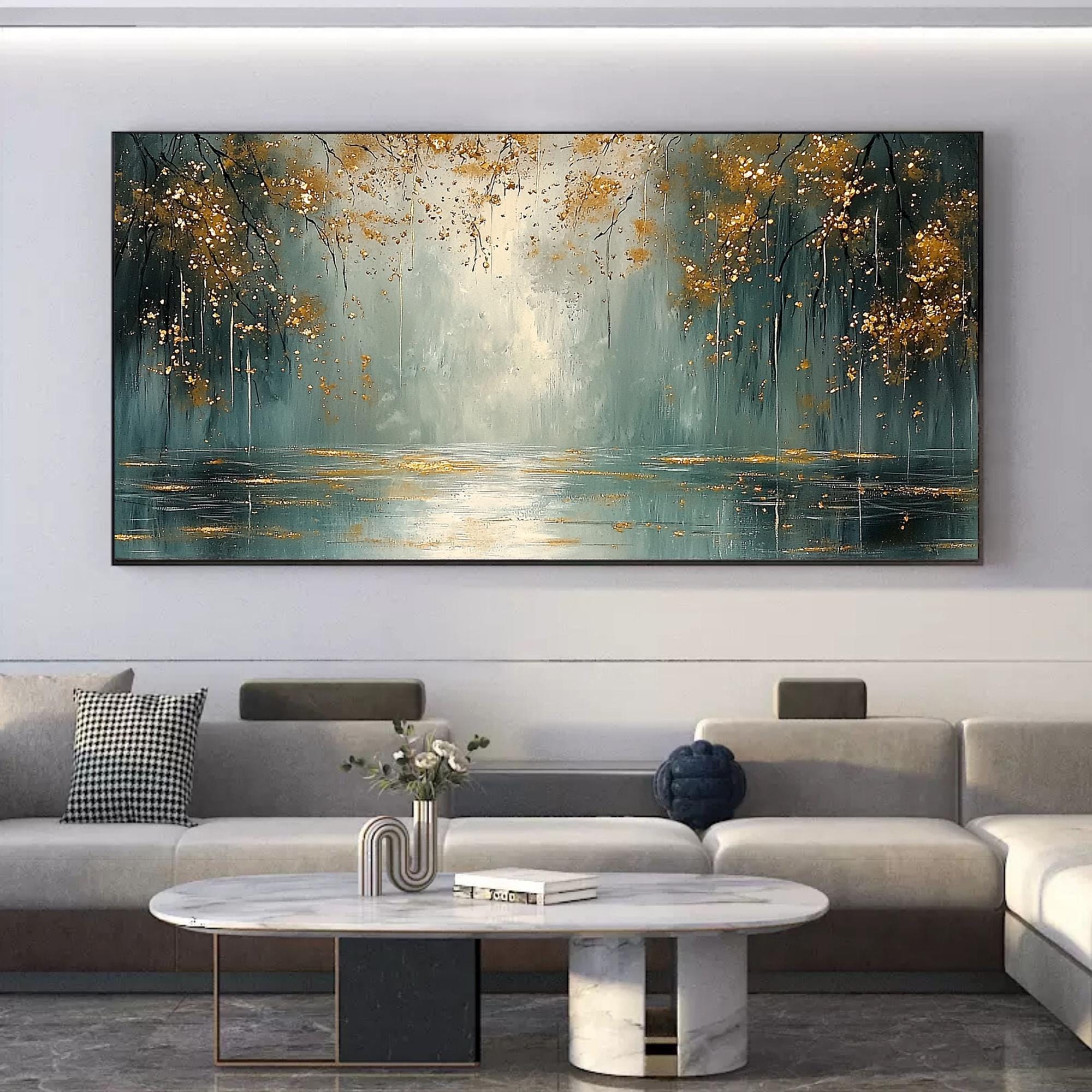 Golden Reflections – 3D Textured Forest and Lake Wall Art in Teal and Gold for Living Room Décor