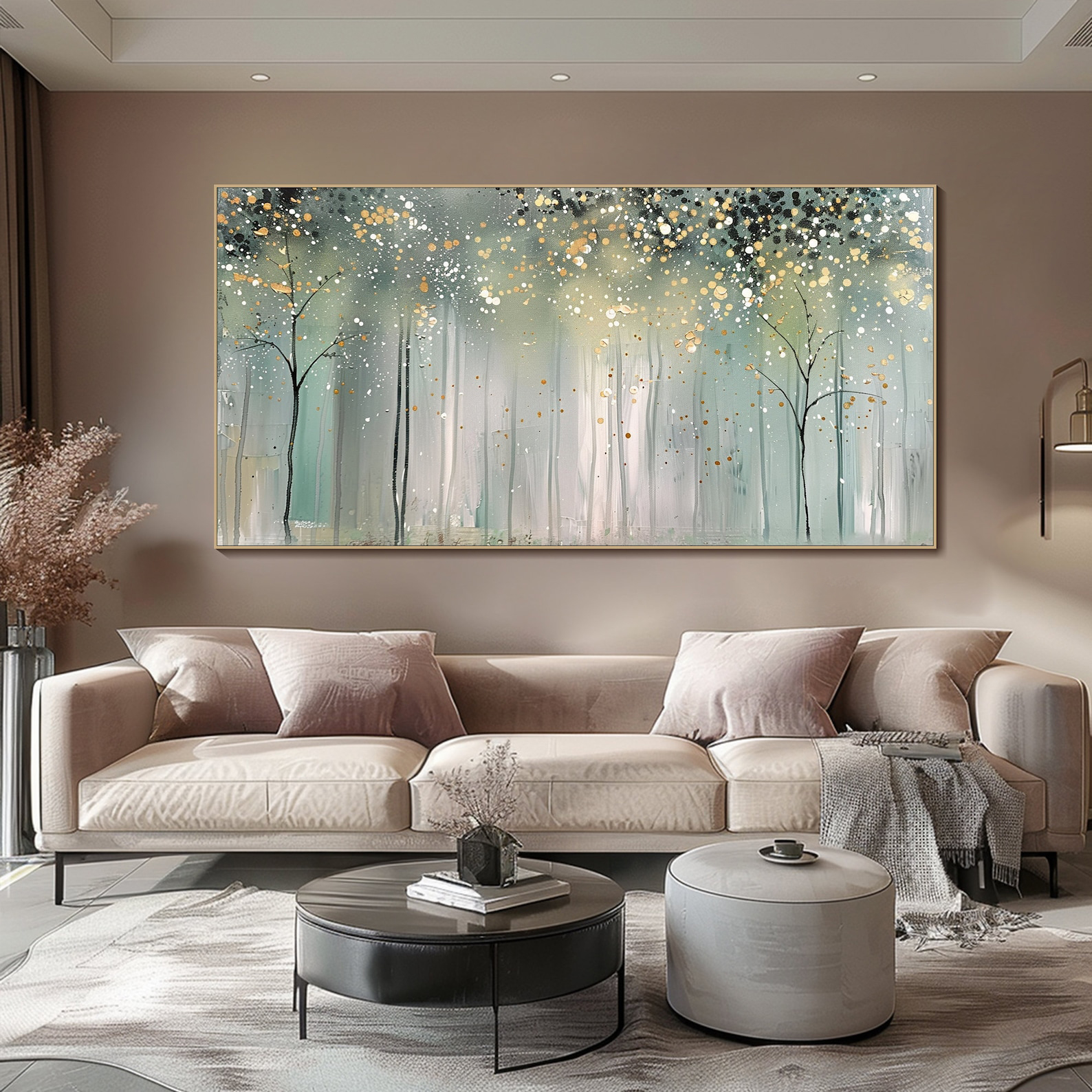 Dreamlight Forest – Abstract Tree Wall Art in Soft Teal, Cream and Gold Tones for Modern Living Room