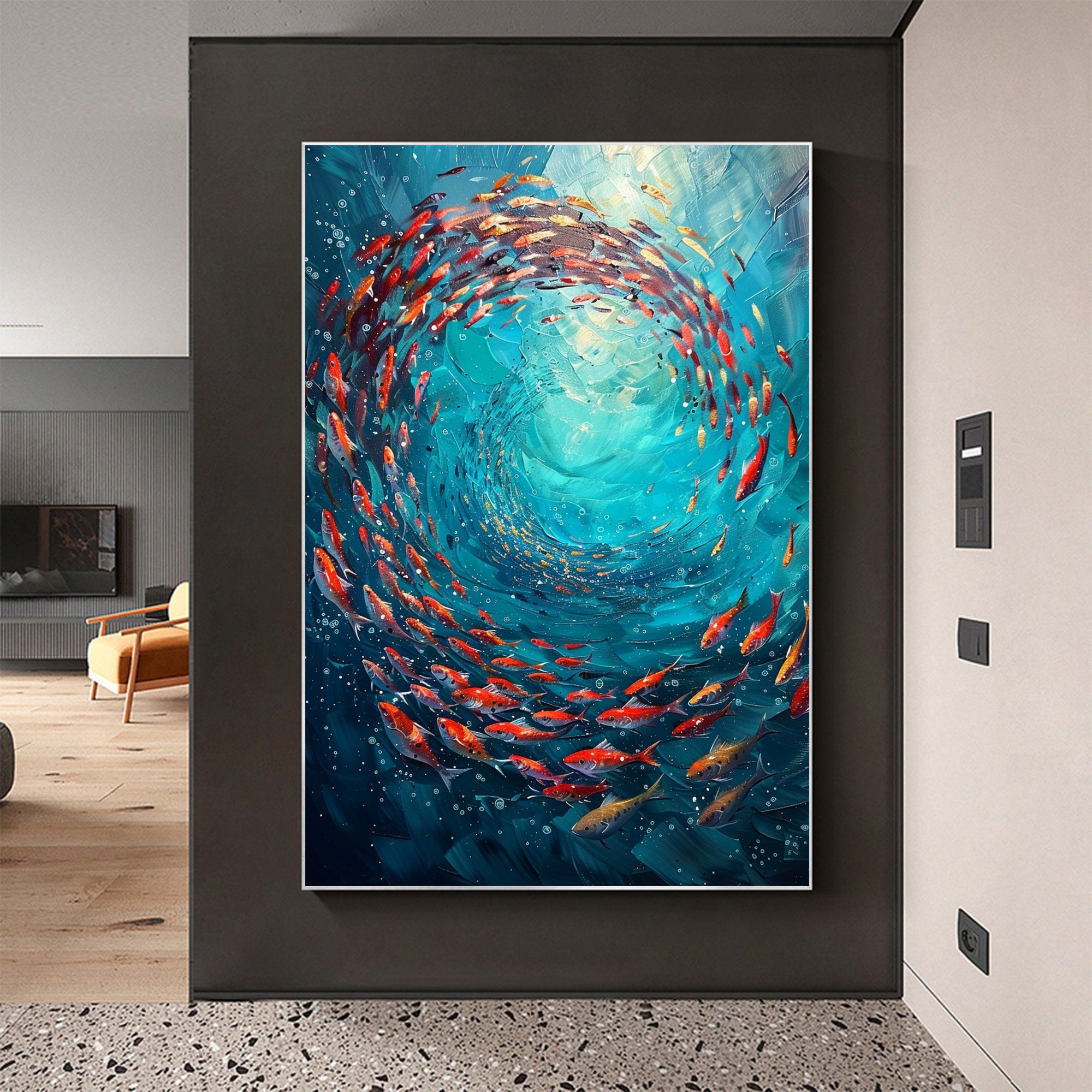 Swirling Tide – 3D Textured Fish in Blue Water Oil Painting