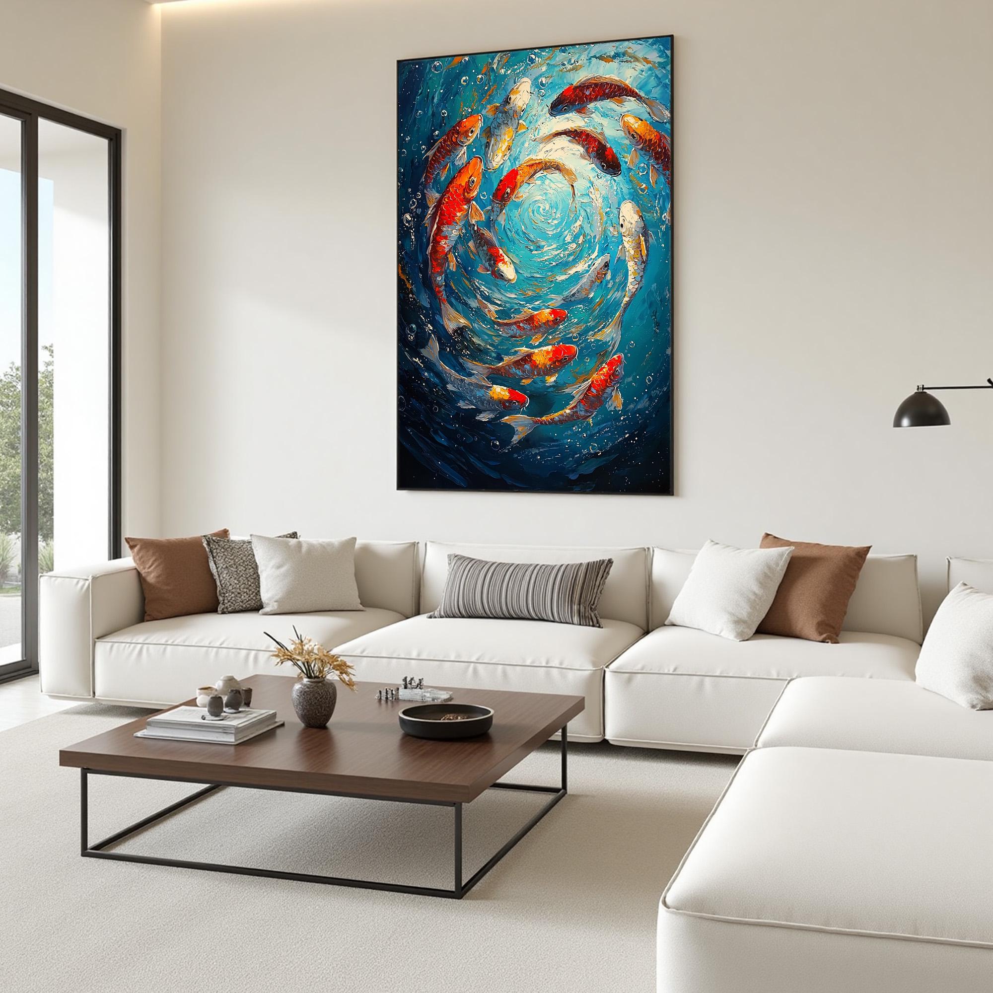 Whirlpool of Koi – 3D Textured Fish Oil Painting for Living Room or Office Decor