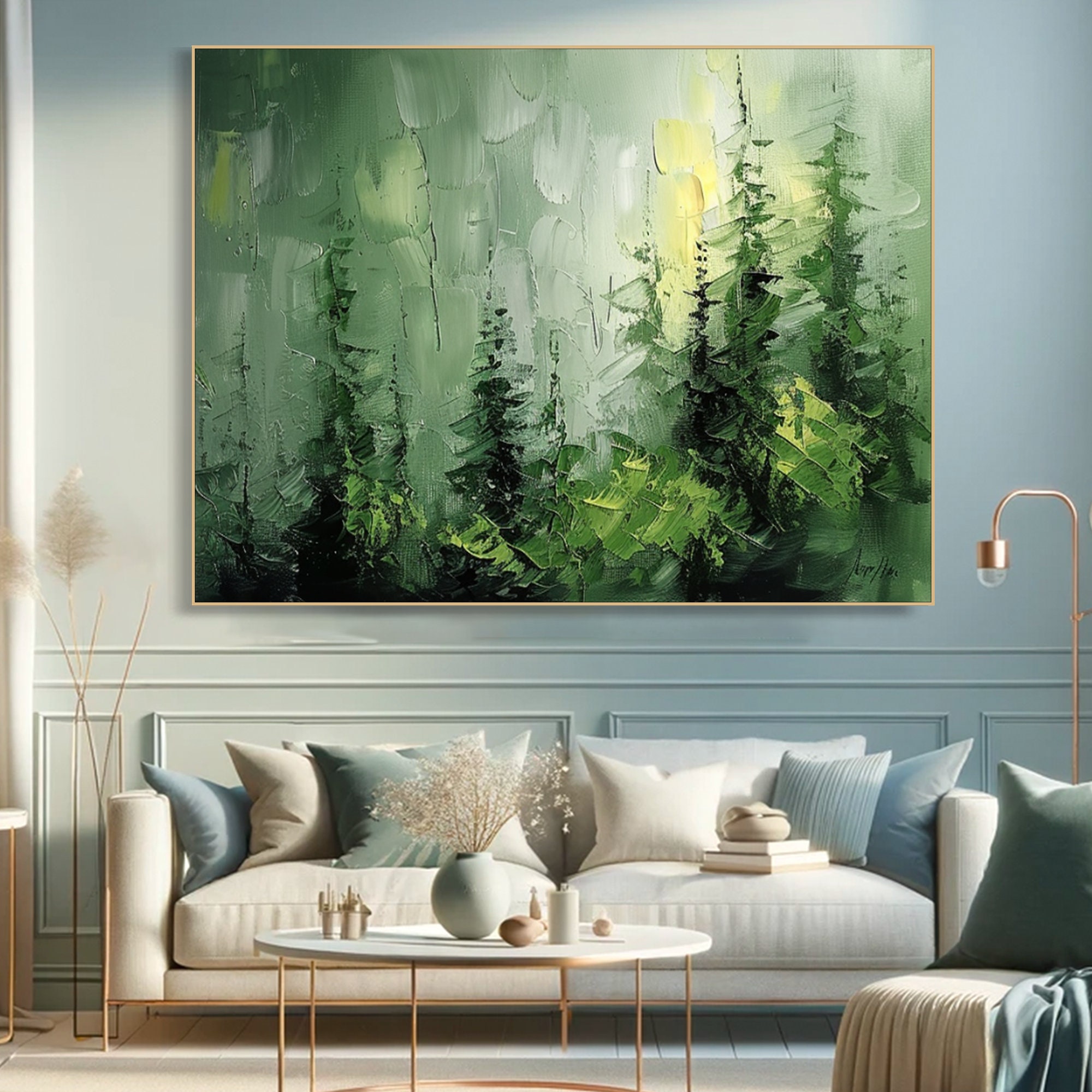 Emerald Silence - Forest Landscape Oil Painting, Large Textured Green Nature Canvas Wall Art