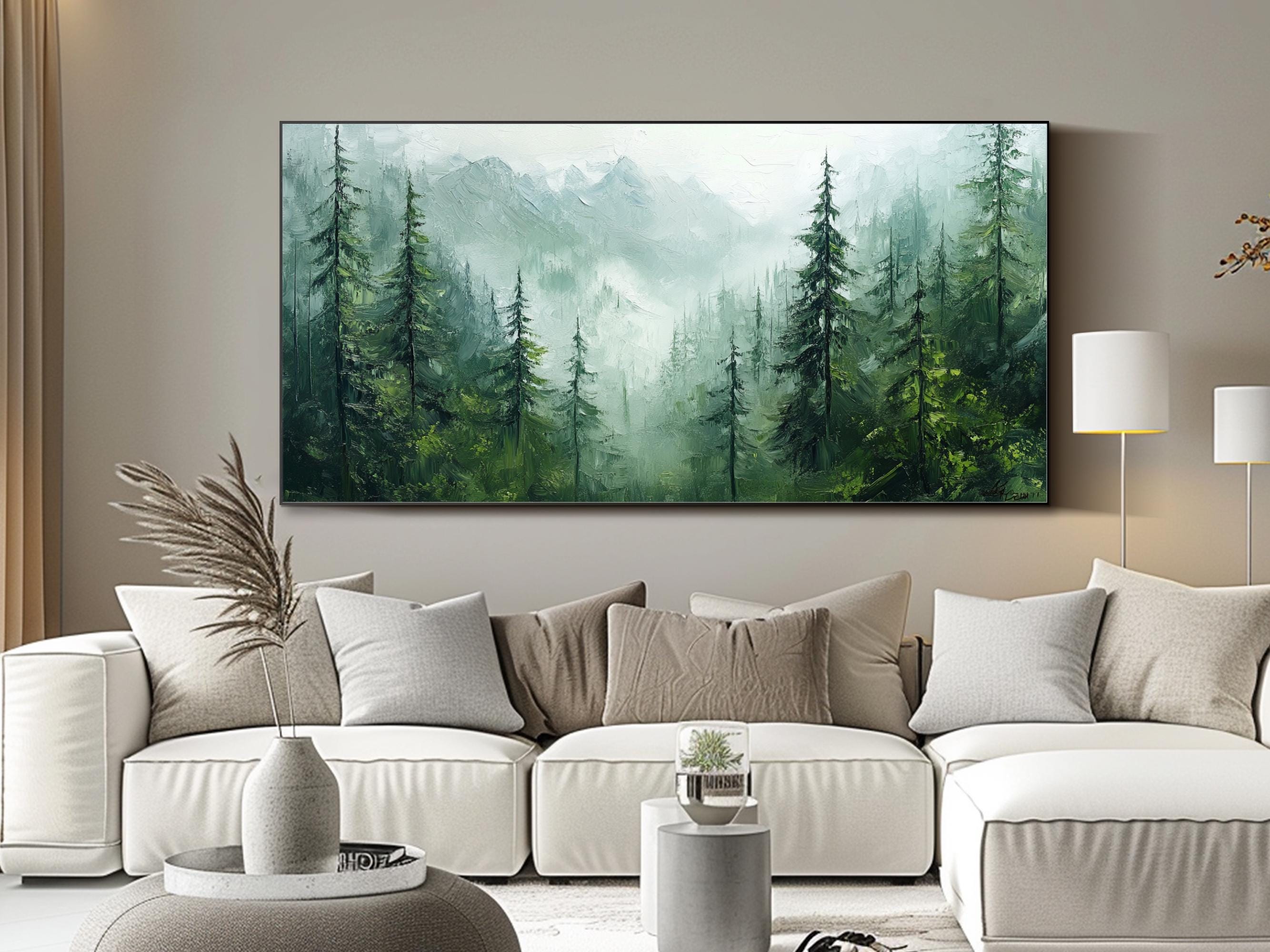 Whispering Pines - Misty Forest Oil Painting, Large Green Landscape Canvas Wall Art