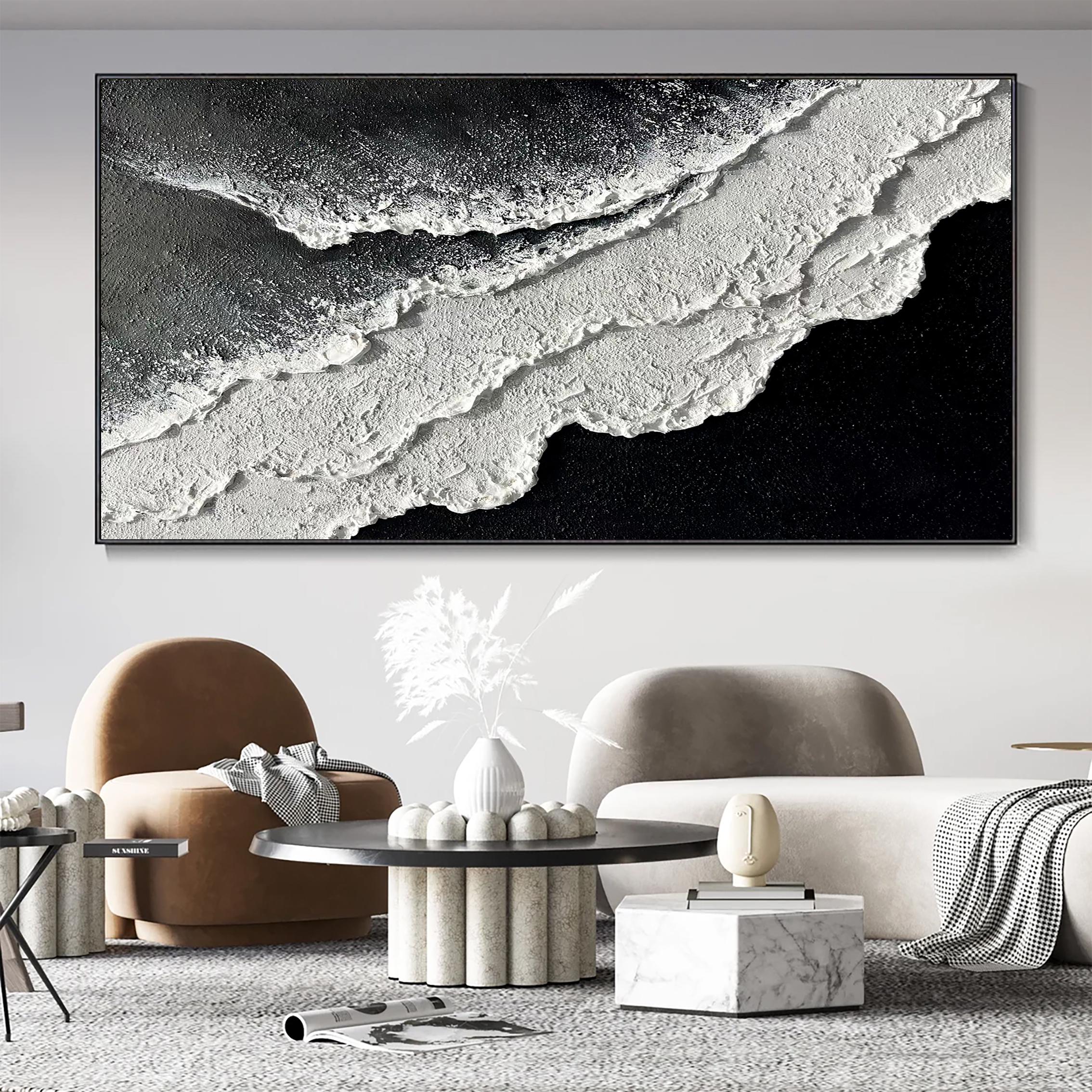 Monochrome Tide — Black and White Textured Seascape Oil Painting, Modern Abstract Wall Art