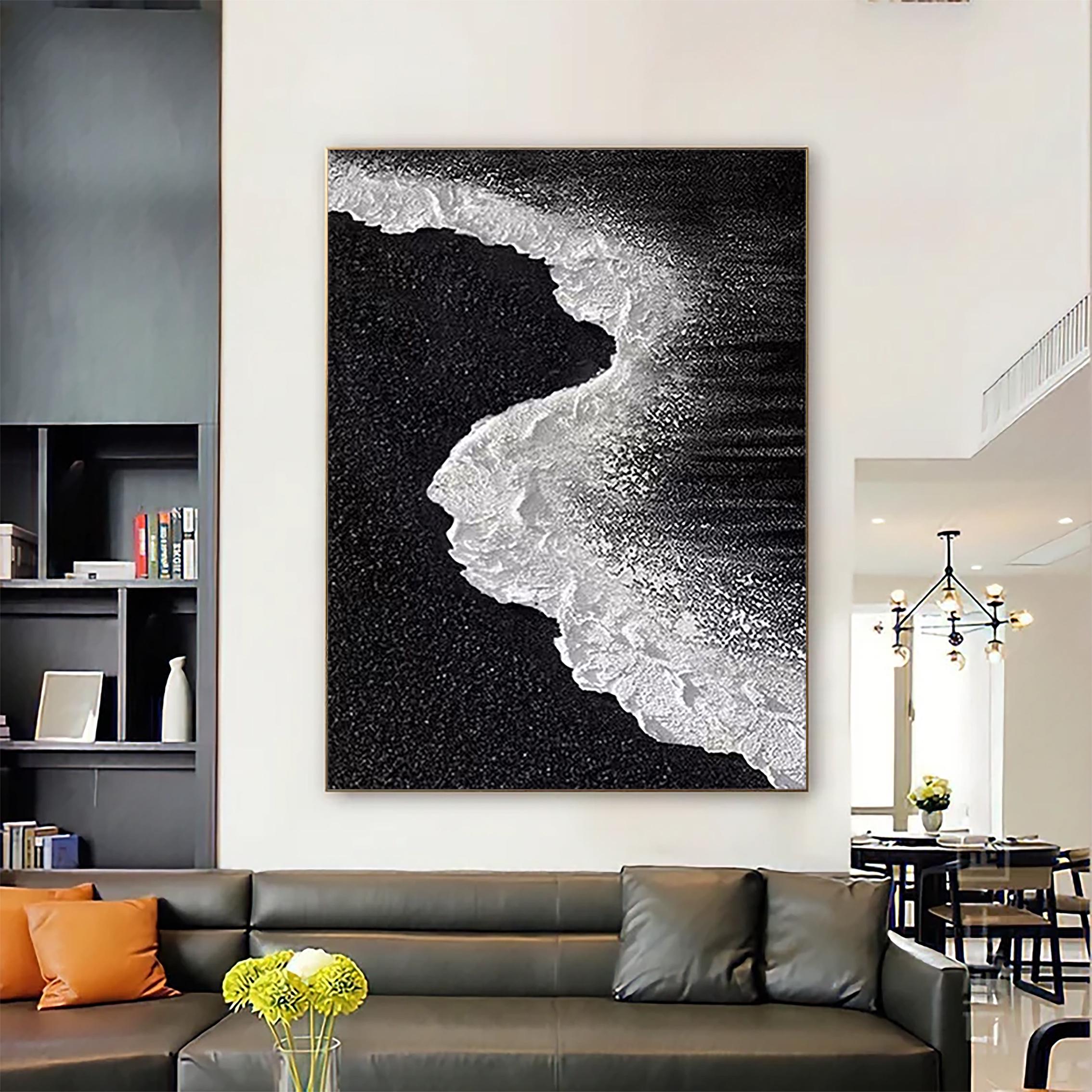 Vertical Tide — Black and White Textured Seascape Oil Painting, Abstract Coastal Wall Art