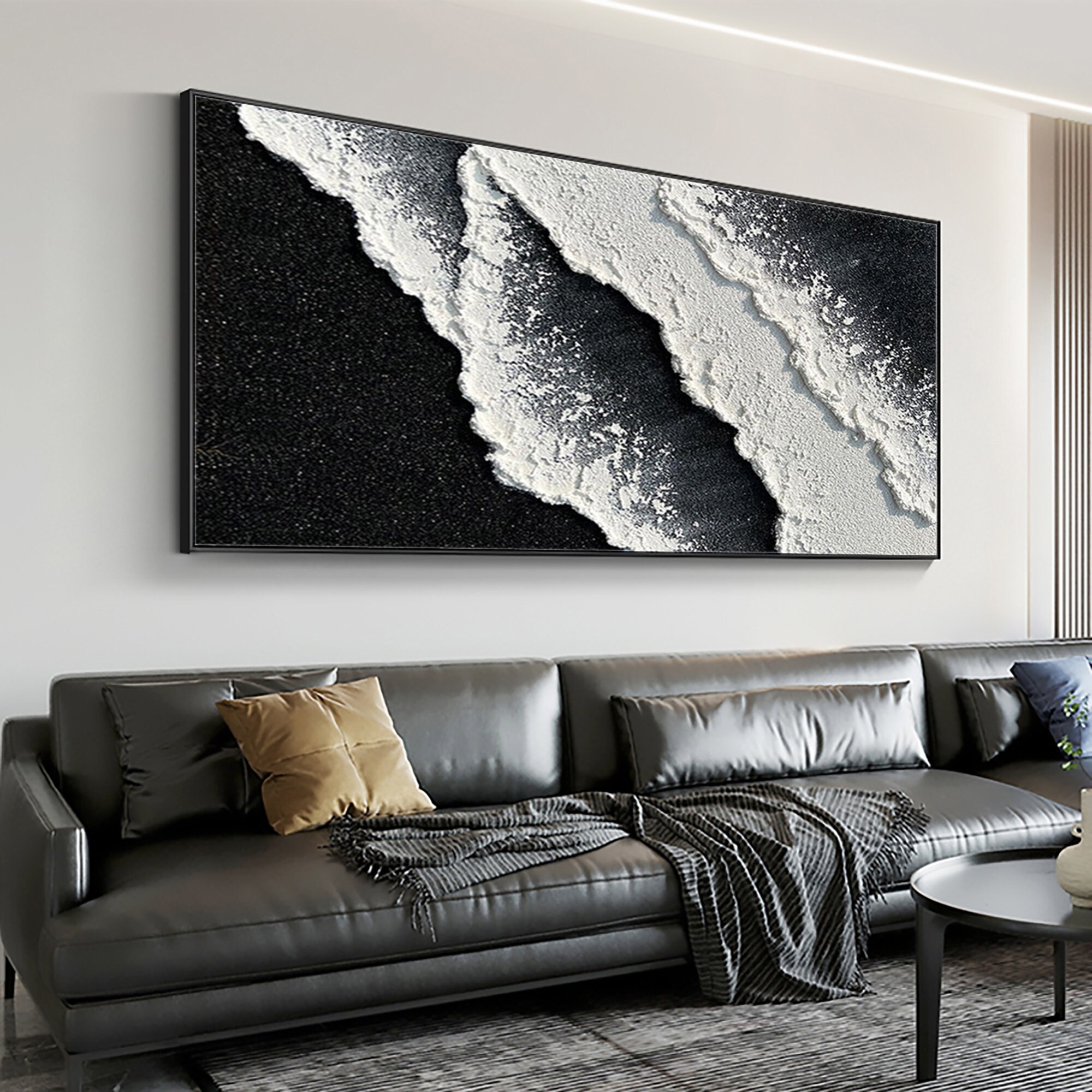 Diagonal Tide — Black and White Textured Wave Oil Painting, Abstract Coastal Wall Art