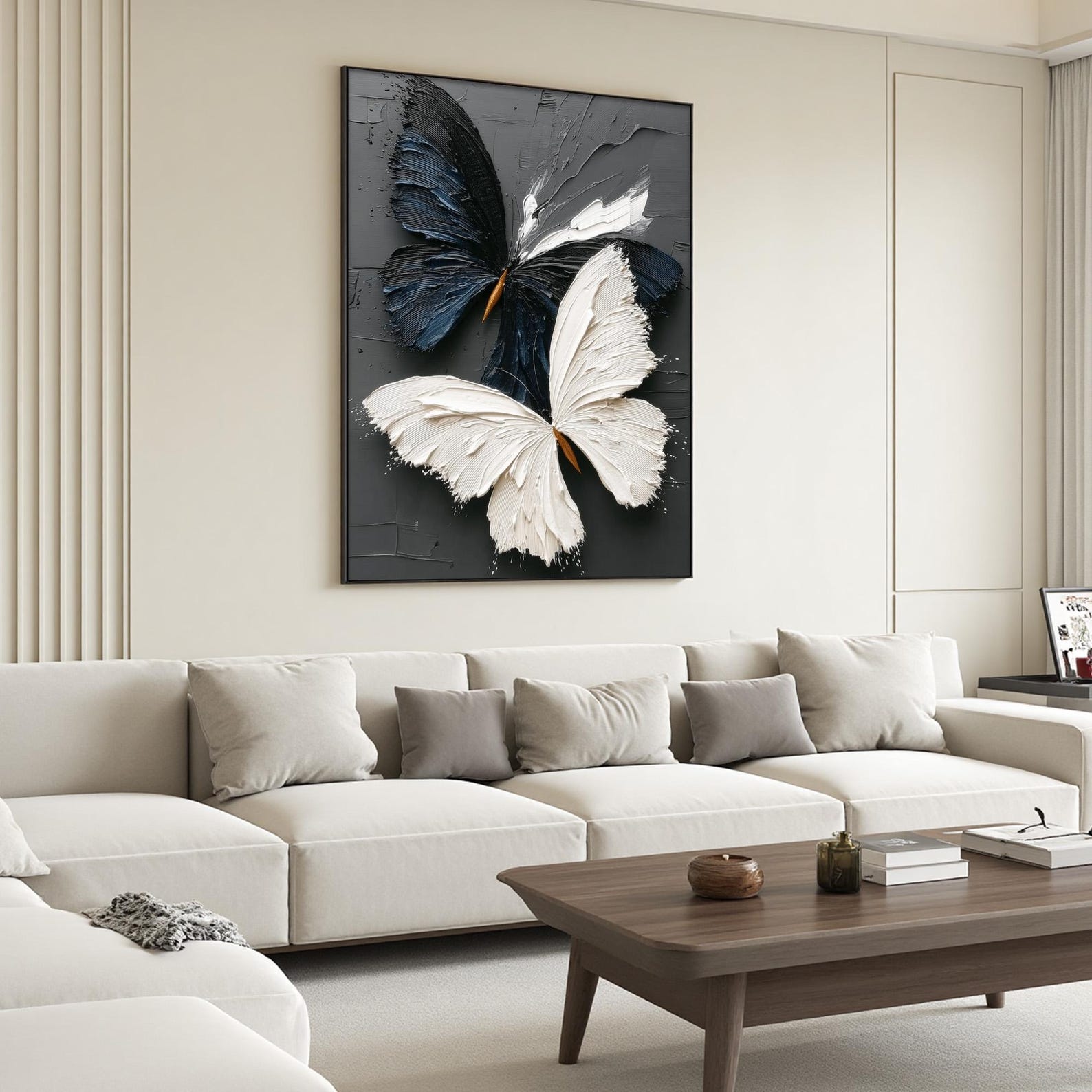 Dual Wings — Black and White Textured Butterfly Abstract Oil Painting, Modern Wall Art