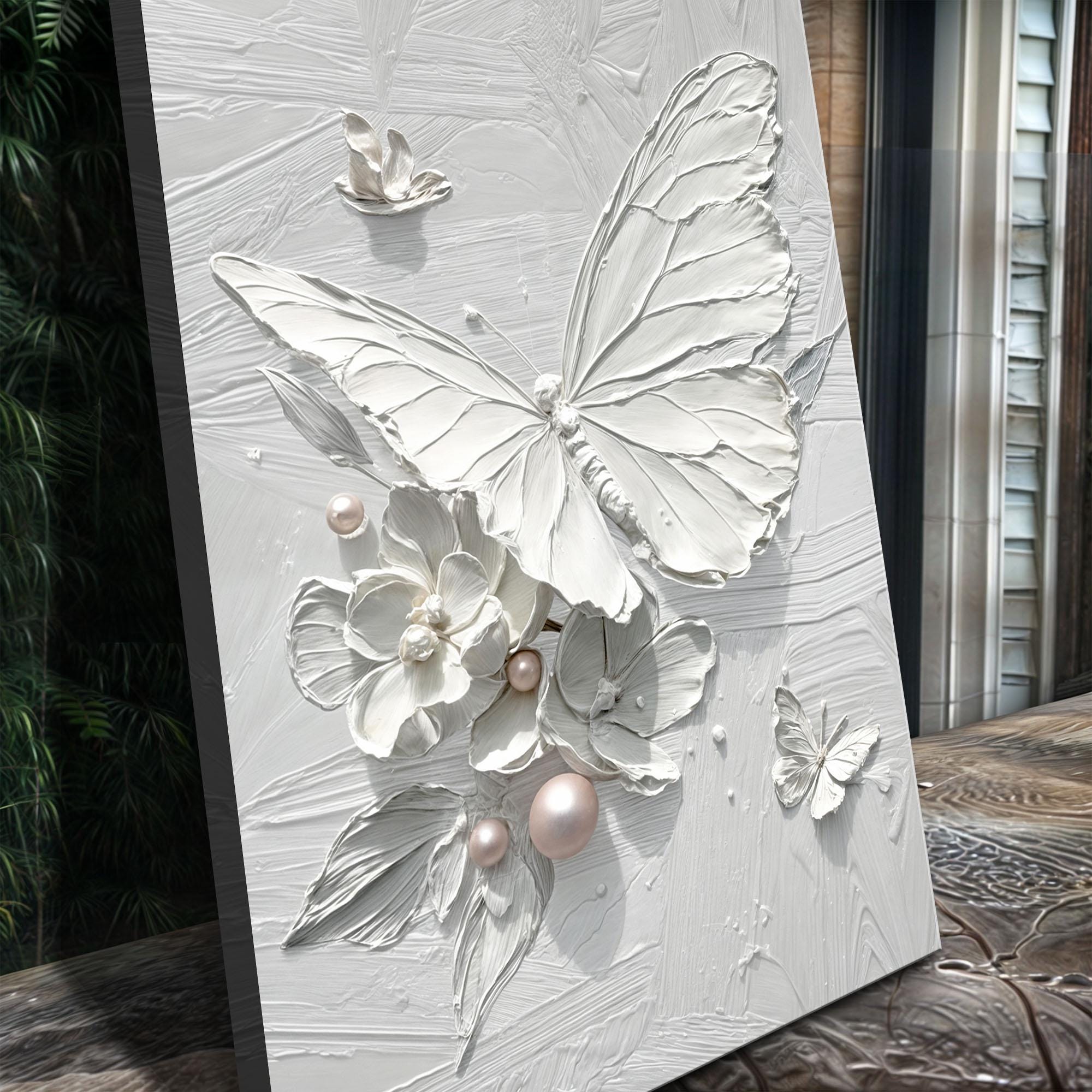 Pearl Wings — White Textured Butterfly and Floral 3D Oil Painting, Modern Luxury Wall Art