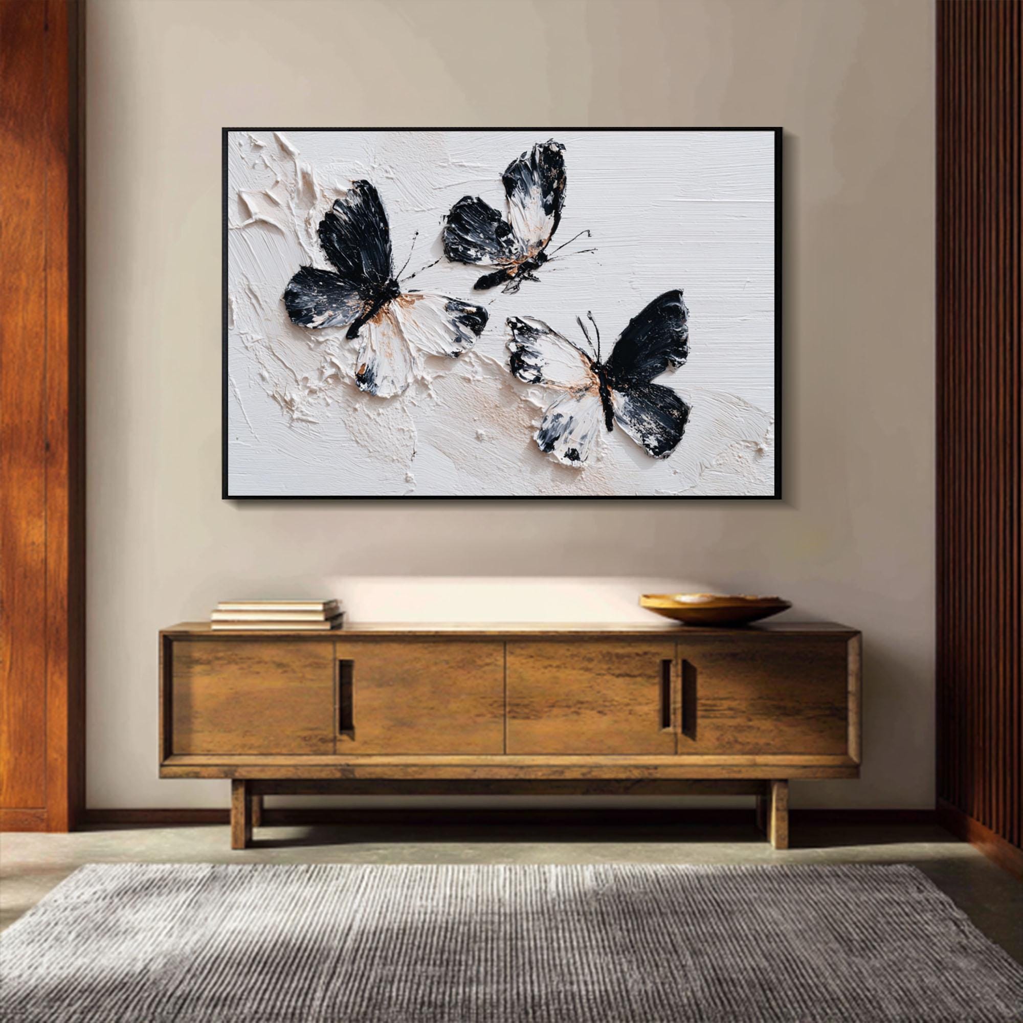 Flutter Trio — Black and White Textured Butterfly Oil Painting, Minimalist Modern Wall Art