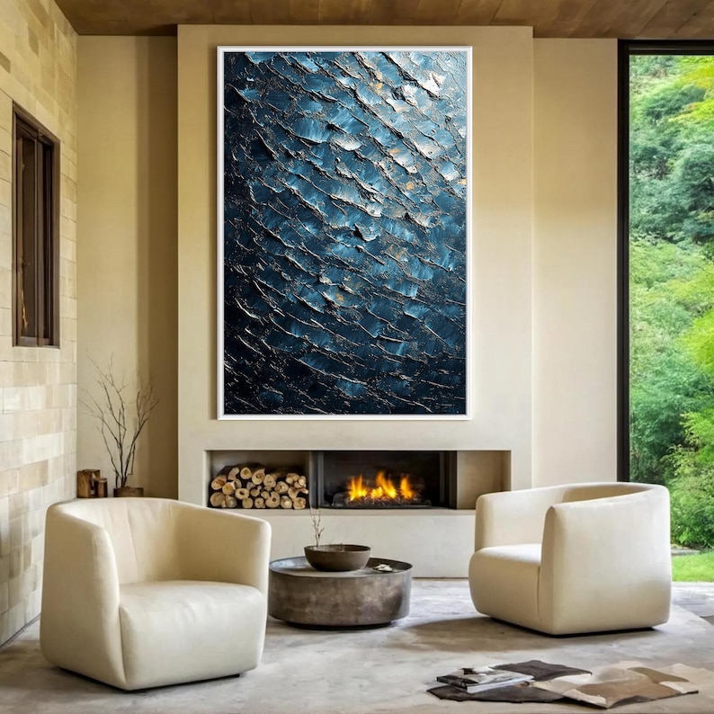 Midnight Tide – Textured Blue and Gold Abstract Oil Painting