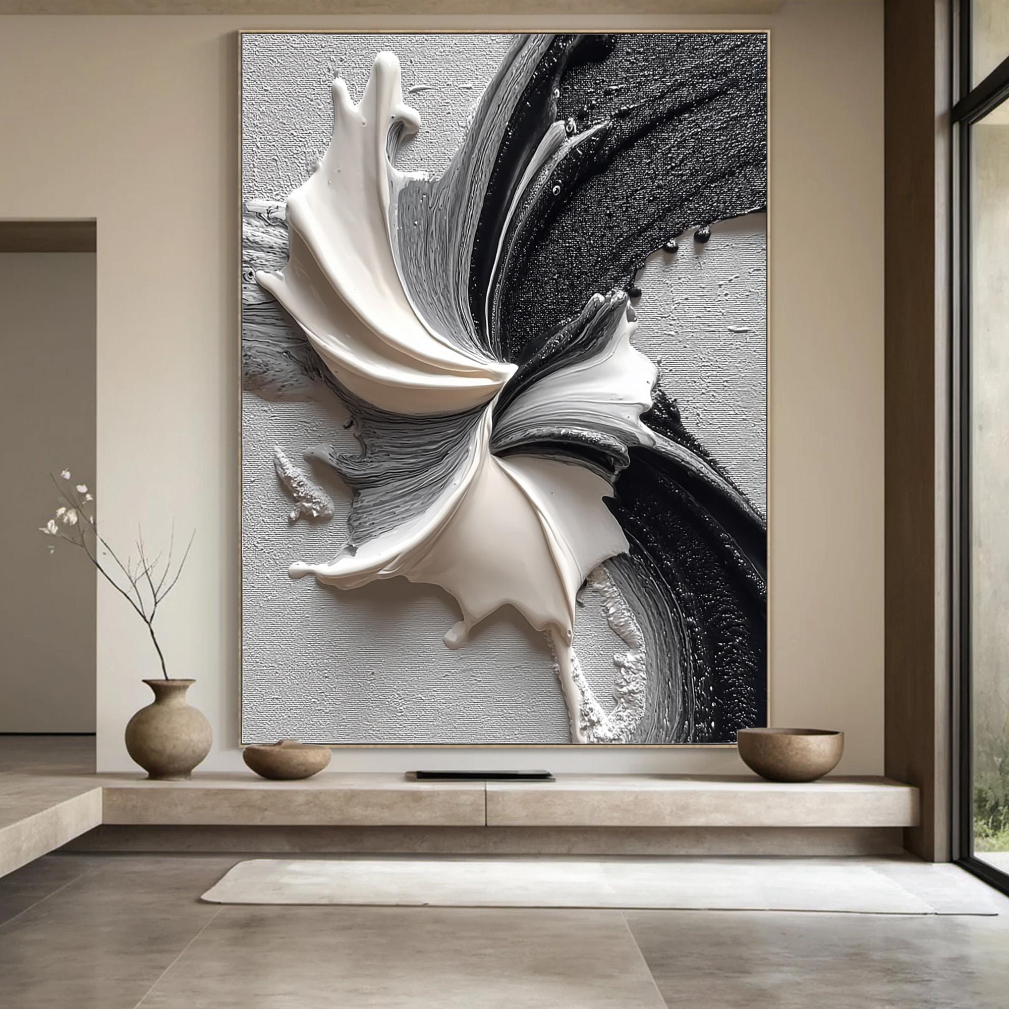 Ethereal Bloom – Black and White Textured Abstract Oil Painting
