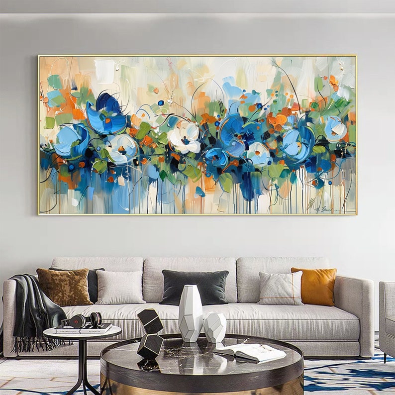 Blooming Riot - Colorful Abstract Floral Painting Blue Green Orange Wall Art on Canvas