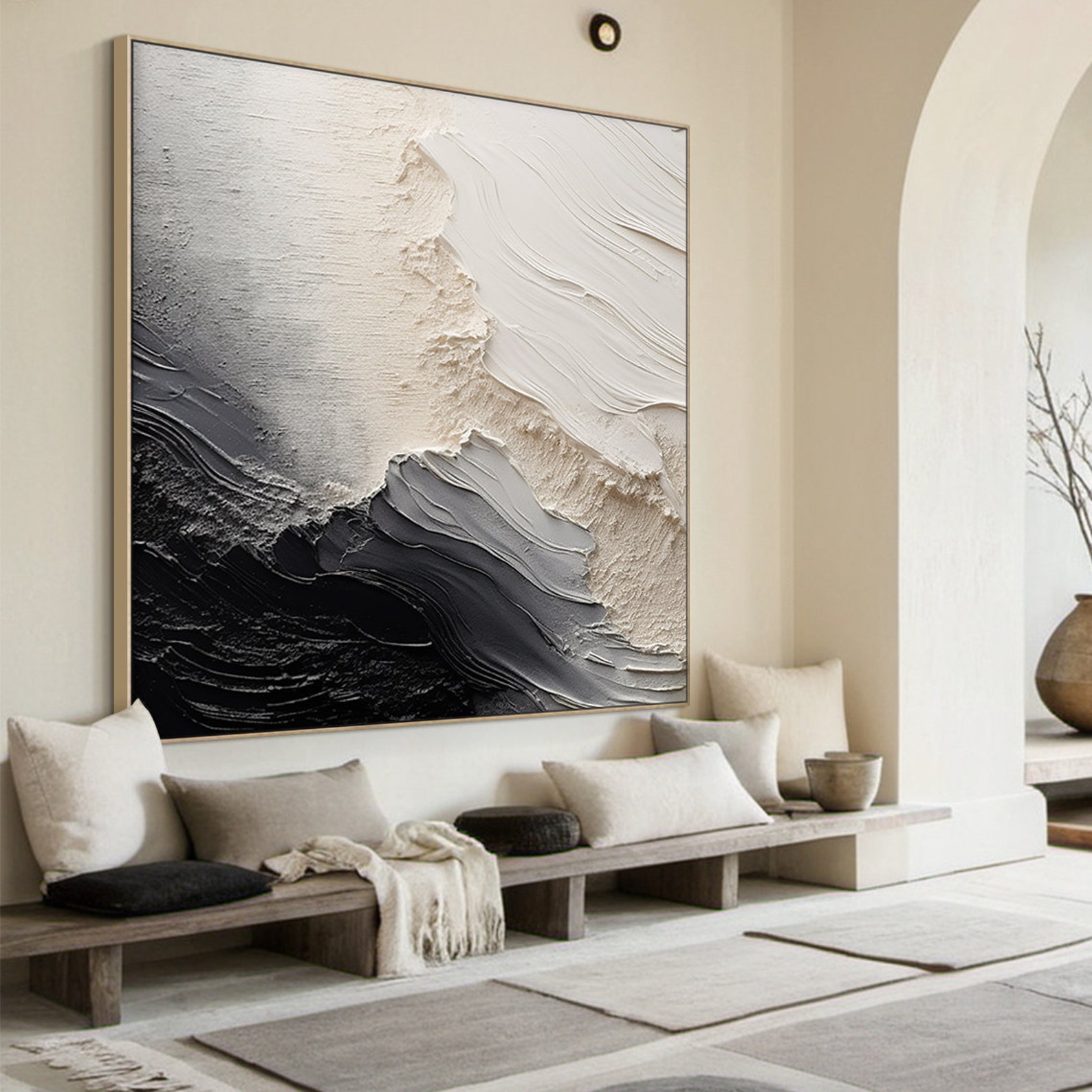 Echoes of Earth - Black and White Textured Painting Minimalist Vertical Wall Art