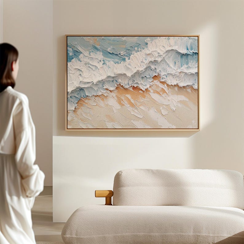 Shoreline Serenity – Textured Ocean Wave Canvas Abstract Beach Wall Art Horizontal