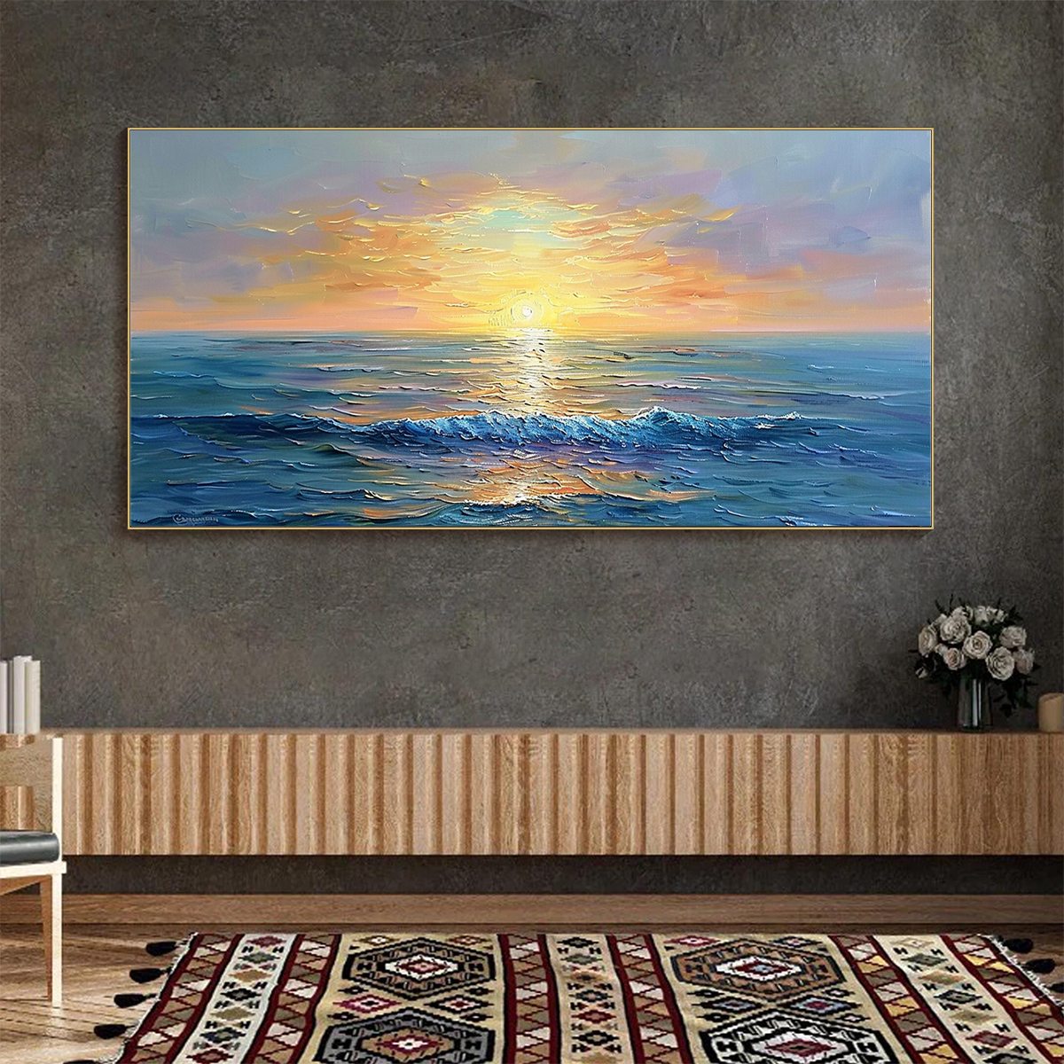 Golden Horizon – Textured Ocean Sunrise Wall Art