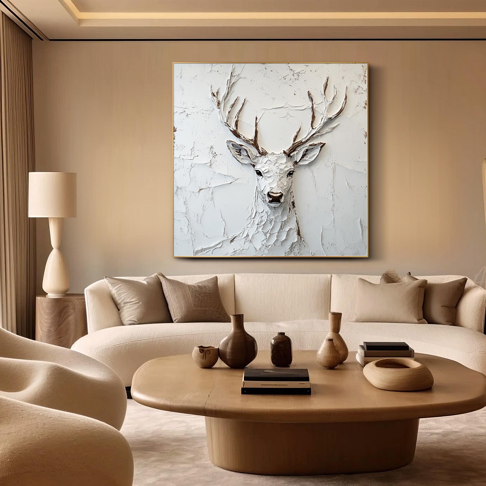 Silent Majesty – Textured White Stag Canvas Wall Art