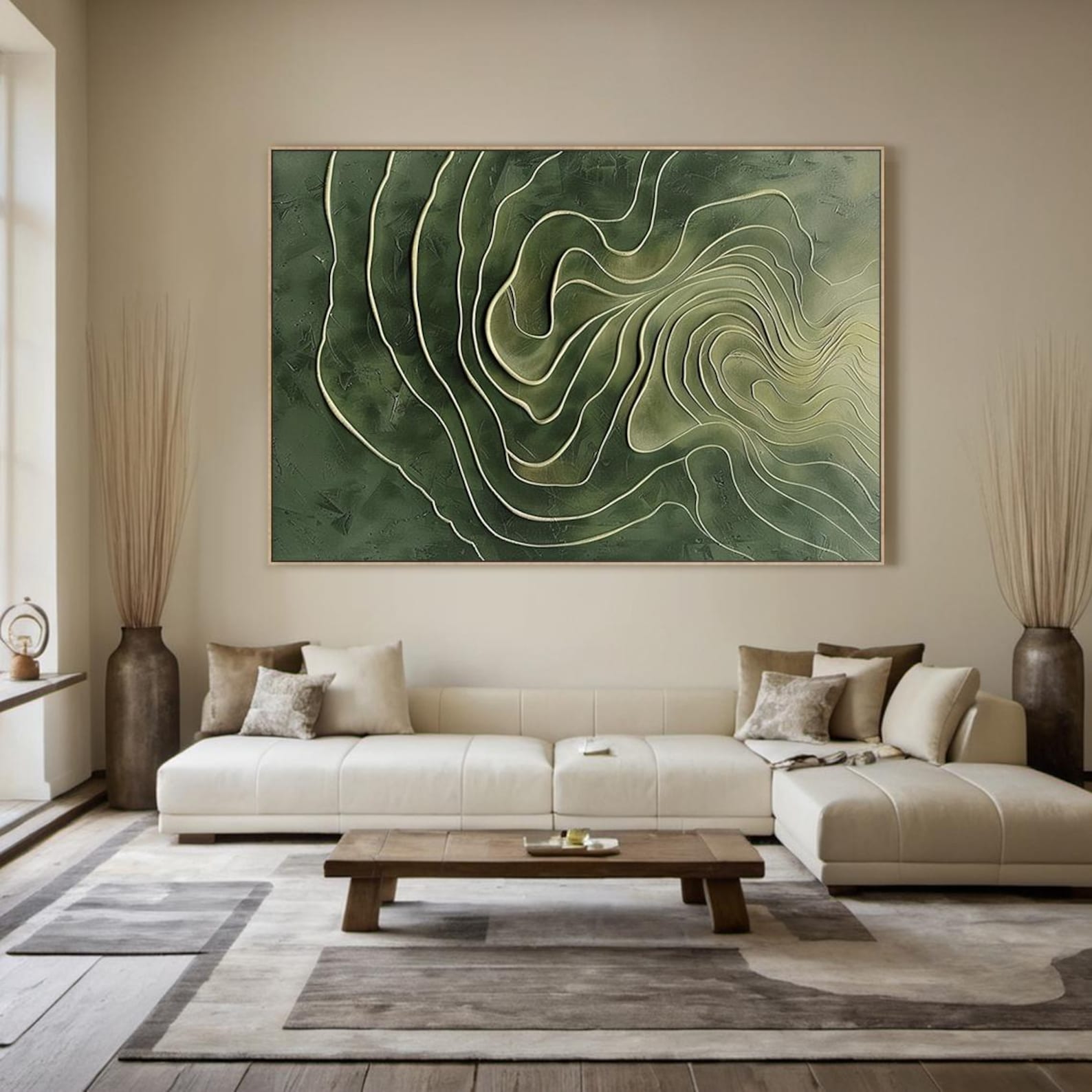 Terrace Flow - Large Green Textured Abstract Wall Art | Modern 3D Canvas for Living Room Decor