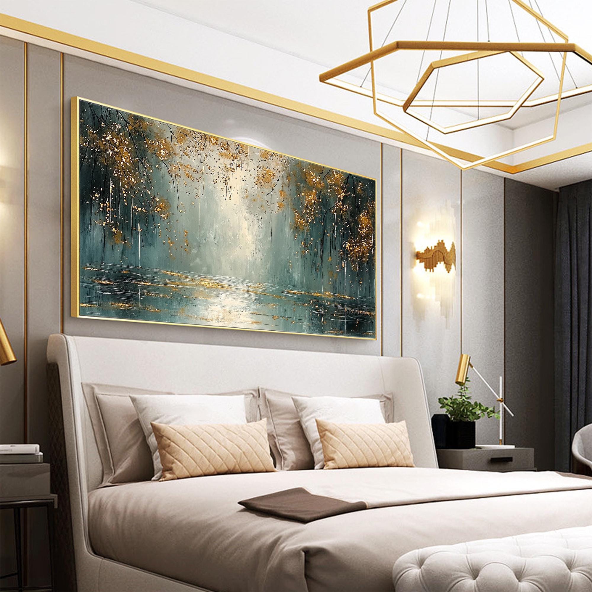 Golden Reflections – 3D Textured Forest and Lake Wall Art in Teal and Gold for Living Room Décor