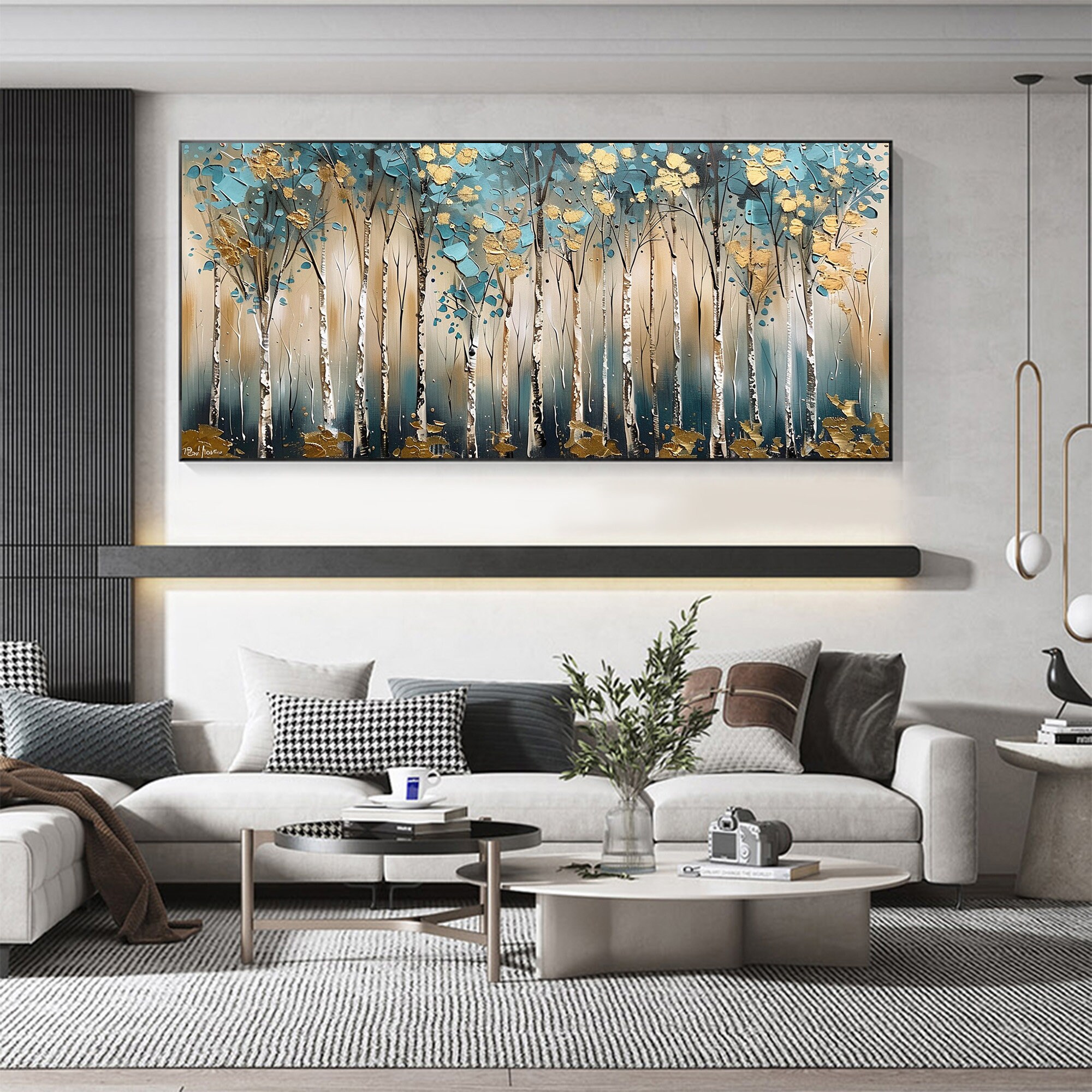 Golden Forest – 3D Textured Tree Wall Art in Teal and Gold Tones for Modern Living Room Décor