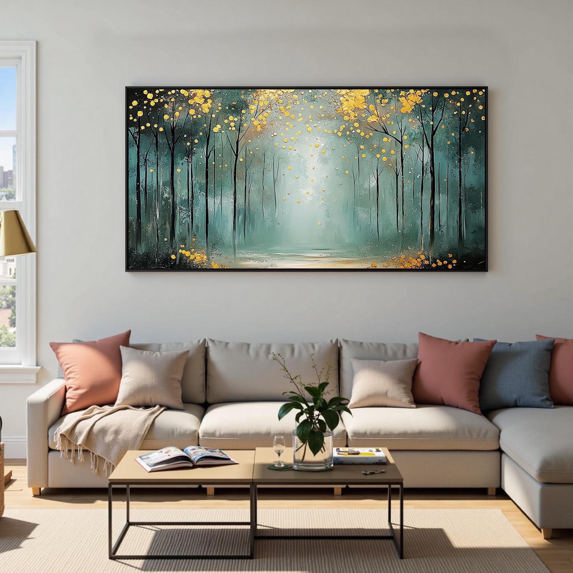 Golden Glow Forest – Abstract Tree Wall Art with Teal and Yellow Accents for Bedroom or Living Room