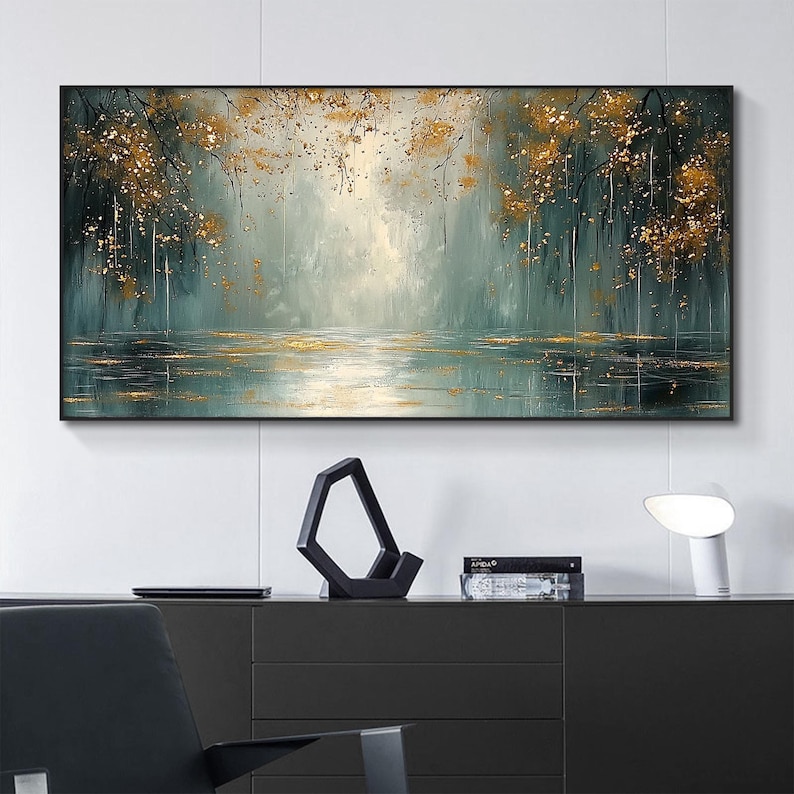 Golden Reflections – 3D Textured Forest and Lake Wall Art in Teal and Gold for Living Room Décor