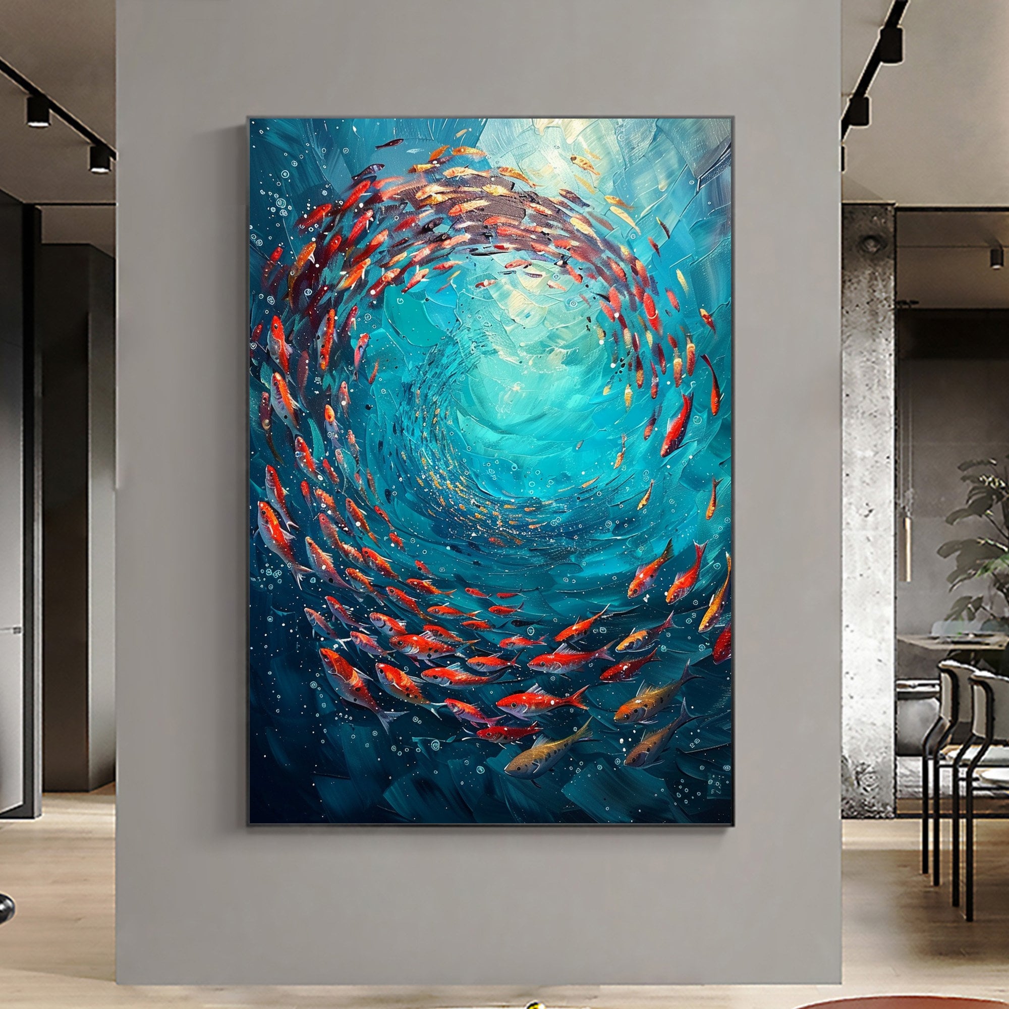 Swirling Tide – 3D Textured Fish in Blue Water Oil Painting