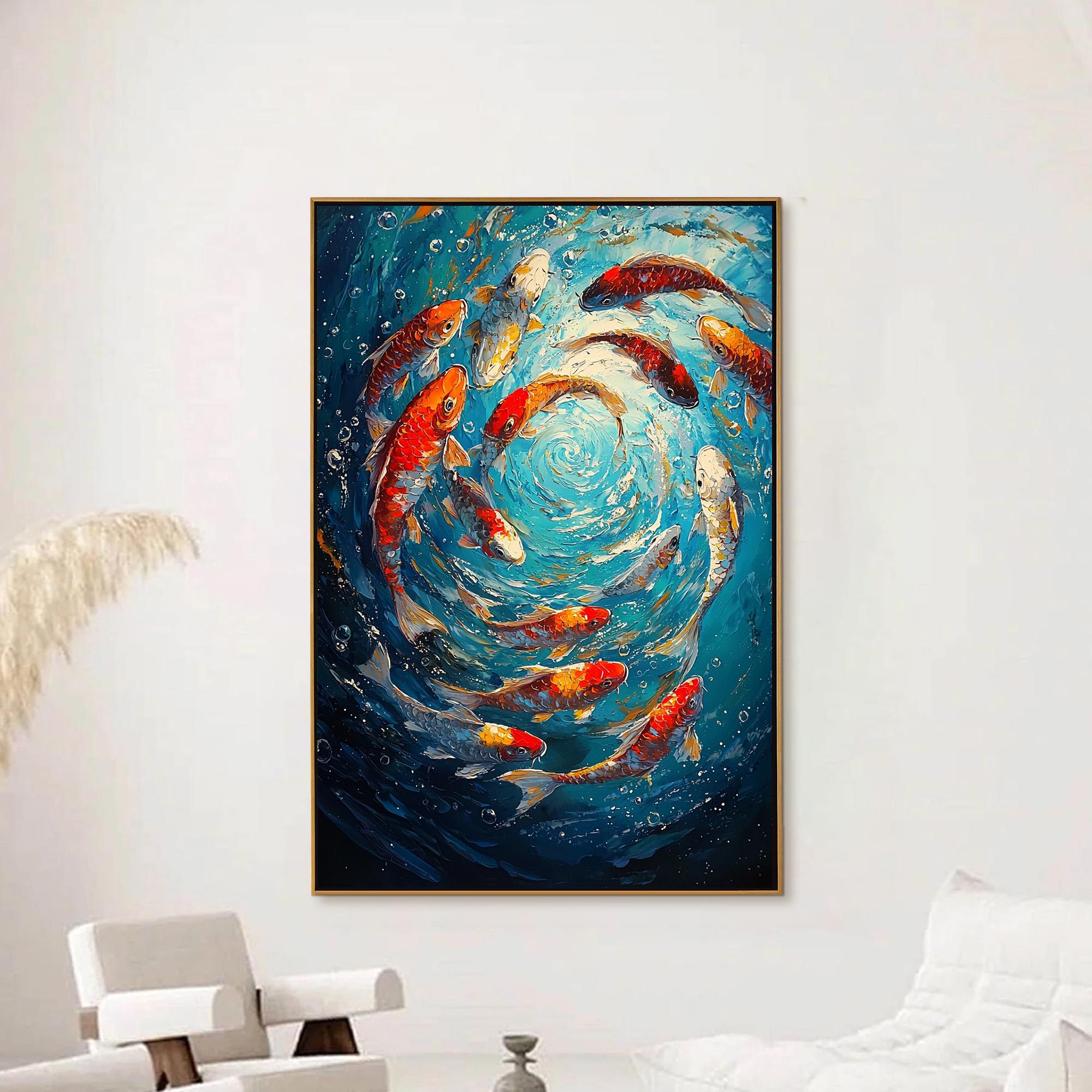 Whirlpool of Koi – 3D Textured Fish Oil Painting for Living Room or Office Decor
