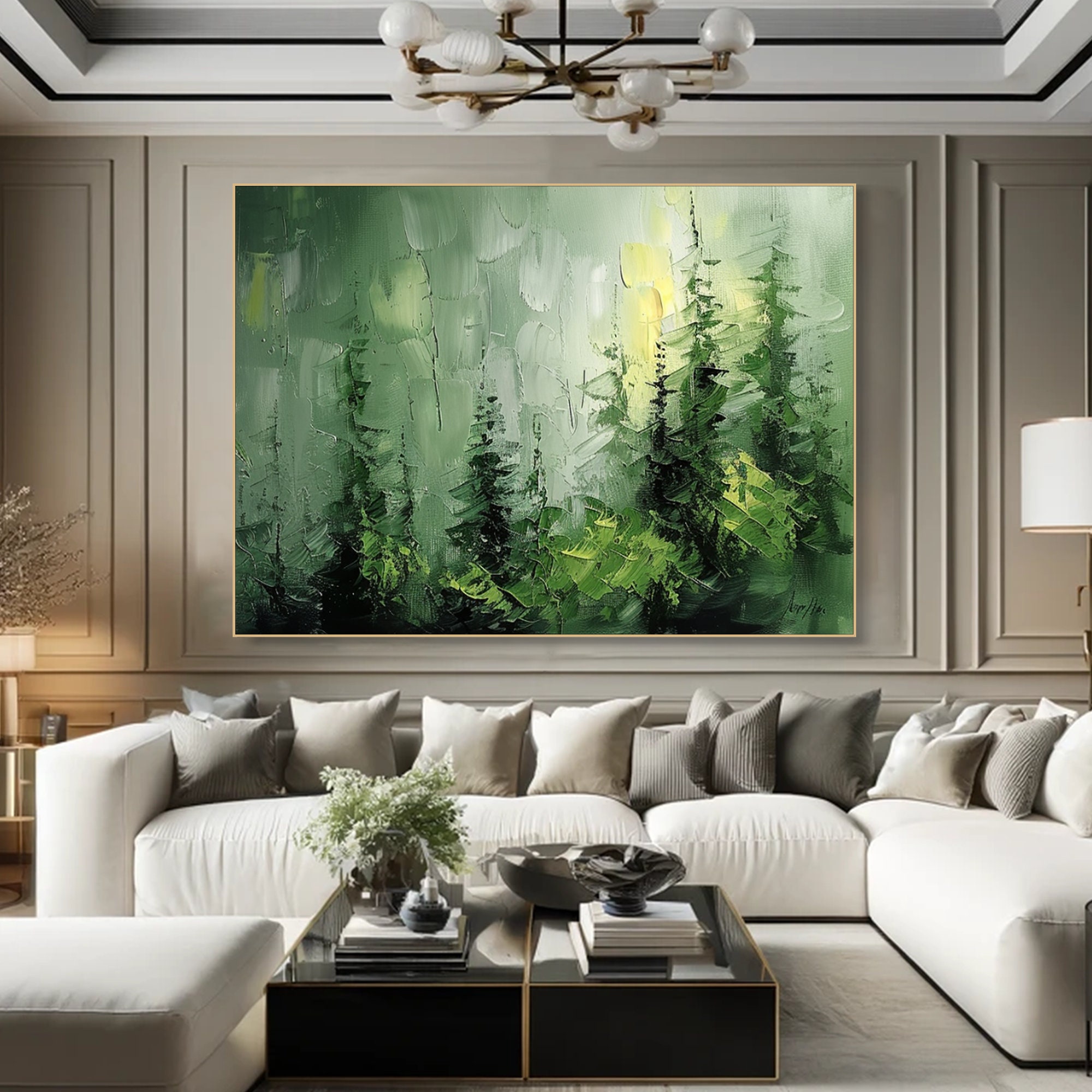 Emerald Silence - Forest Landscape Oil Painting, Large Textured Green Nature Canvas Wall Art