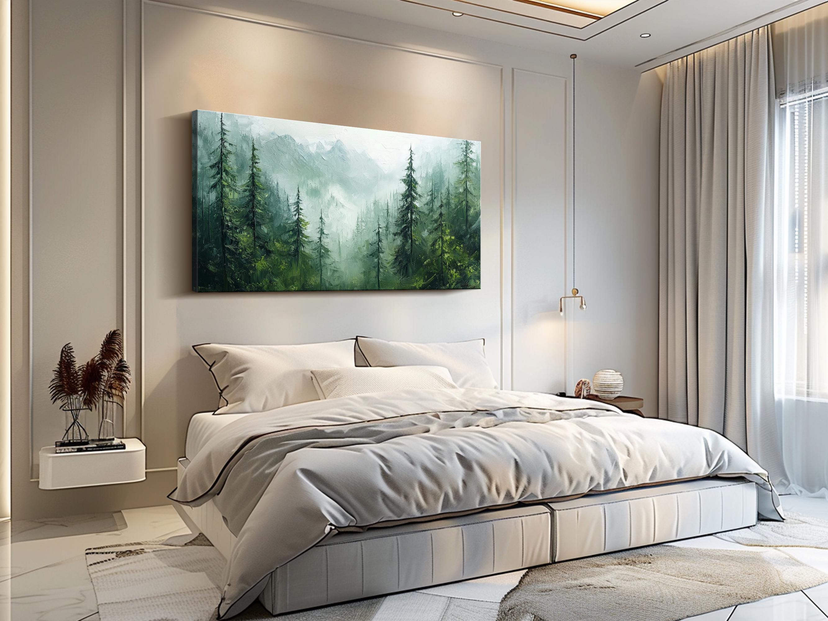 Whispering Pines - Misty Forest Oil Painting, Large Green Landscape Canvas Wall Art