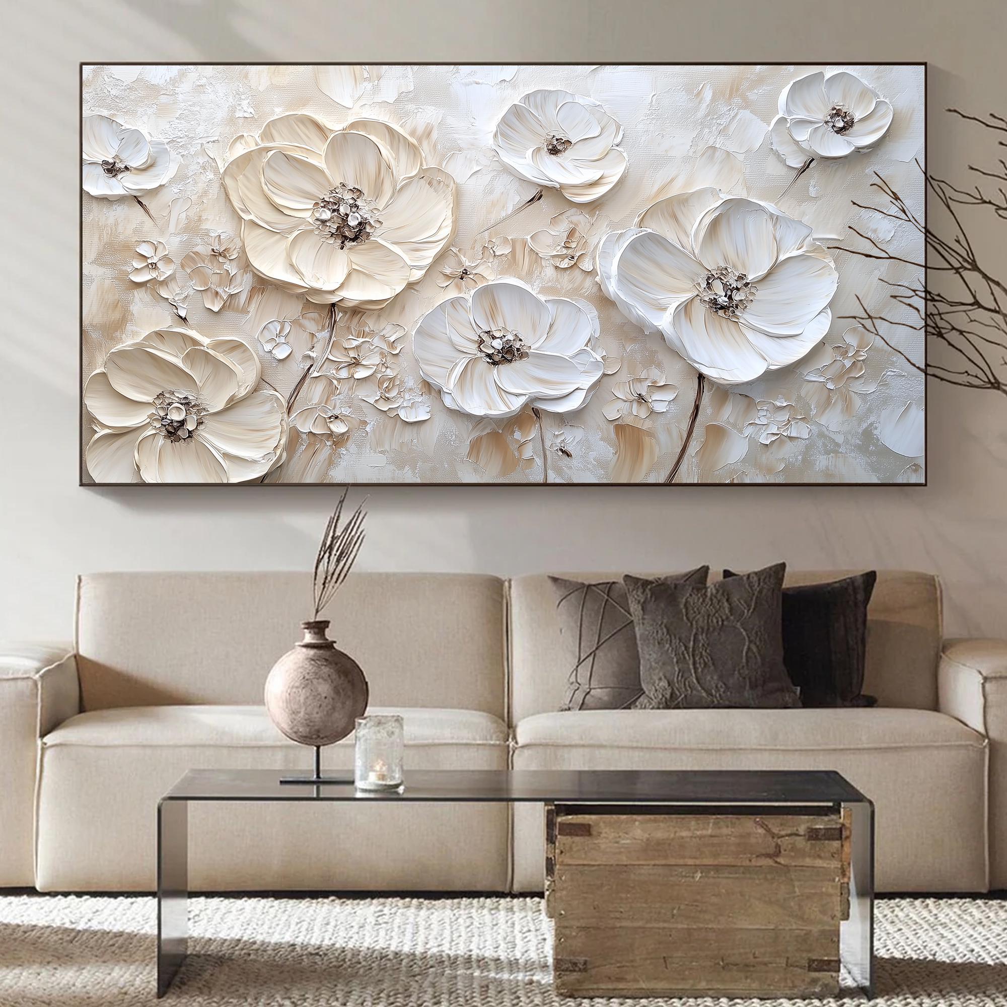 Timeless Petals – Large Textured White Floral Oil Painting