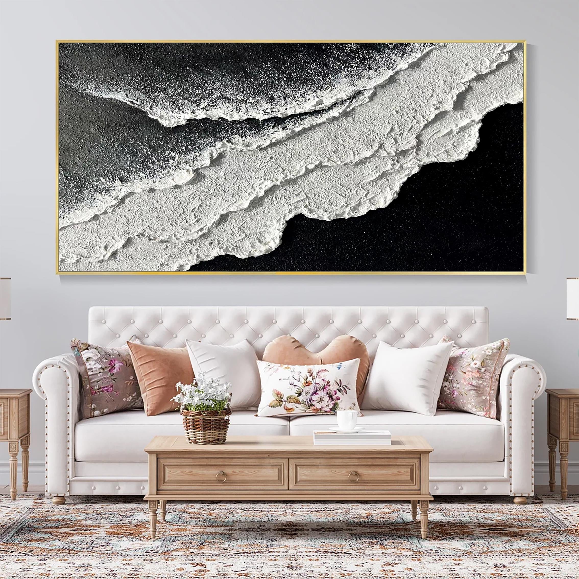 Monochrome Tide — Black and White Textured Seascape Oil Painting, Modern Abstract Wall Art