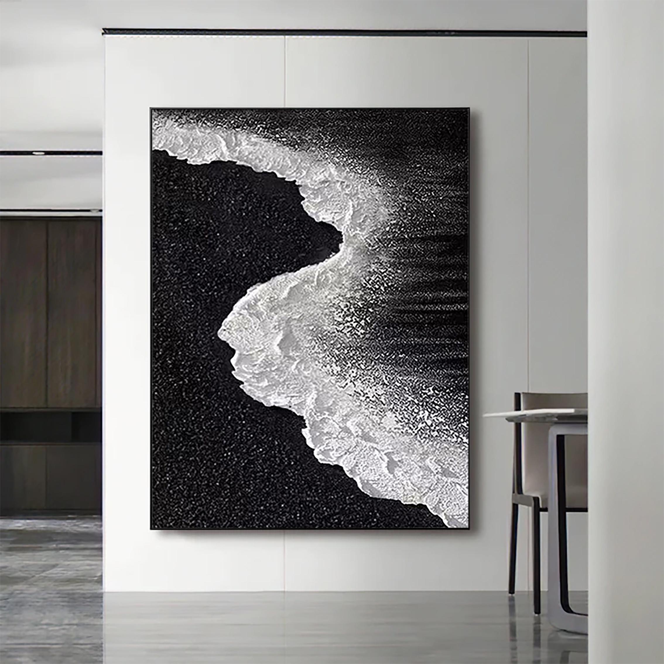 Vertical Tide — Black and White Textured Seascape Oil Painting, Abstract Coastal Wall Art