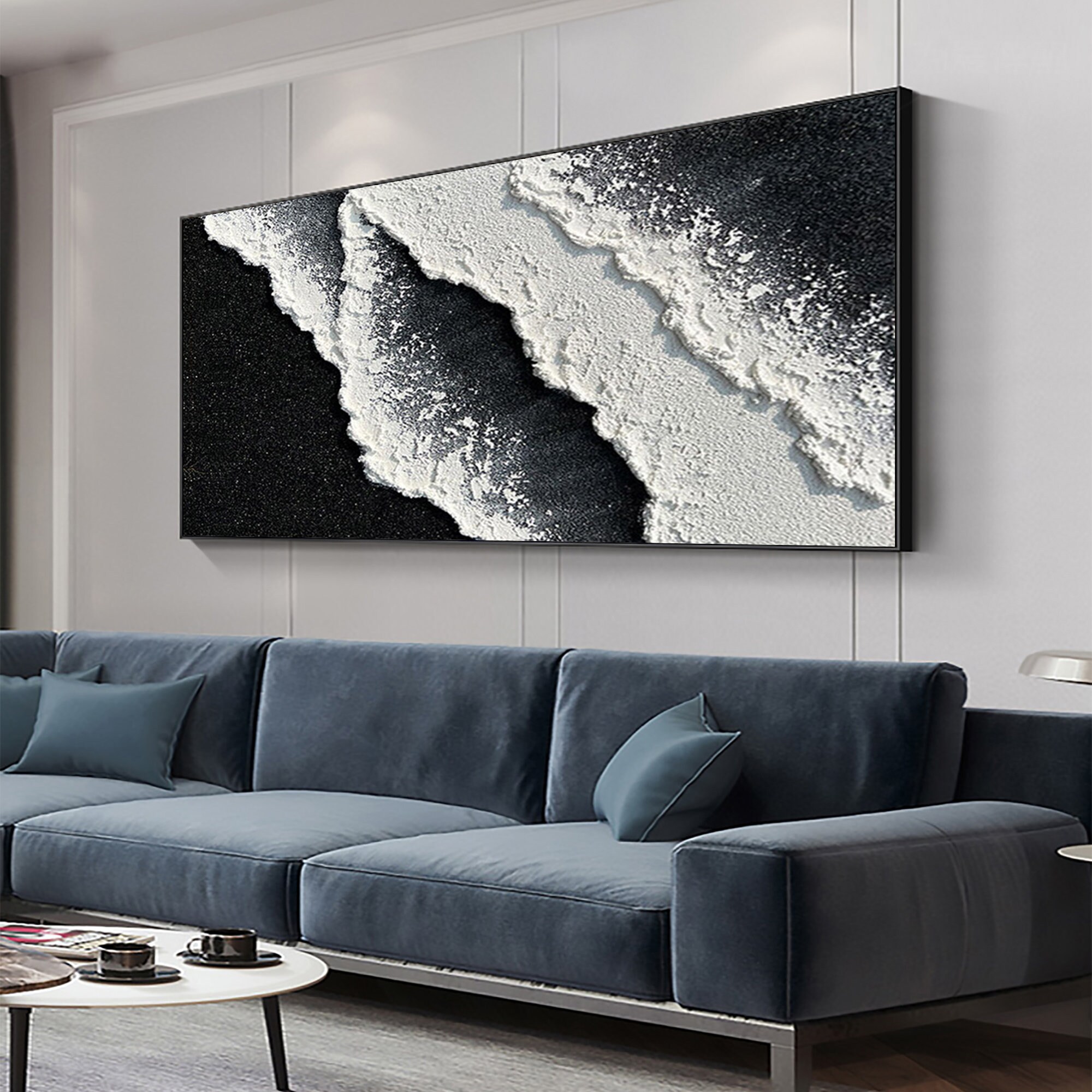 Diagonal Tide — Black and White Textured Wave Oil Painting, Abstract Coastal Wall Art