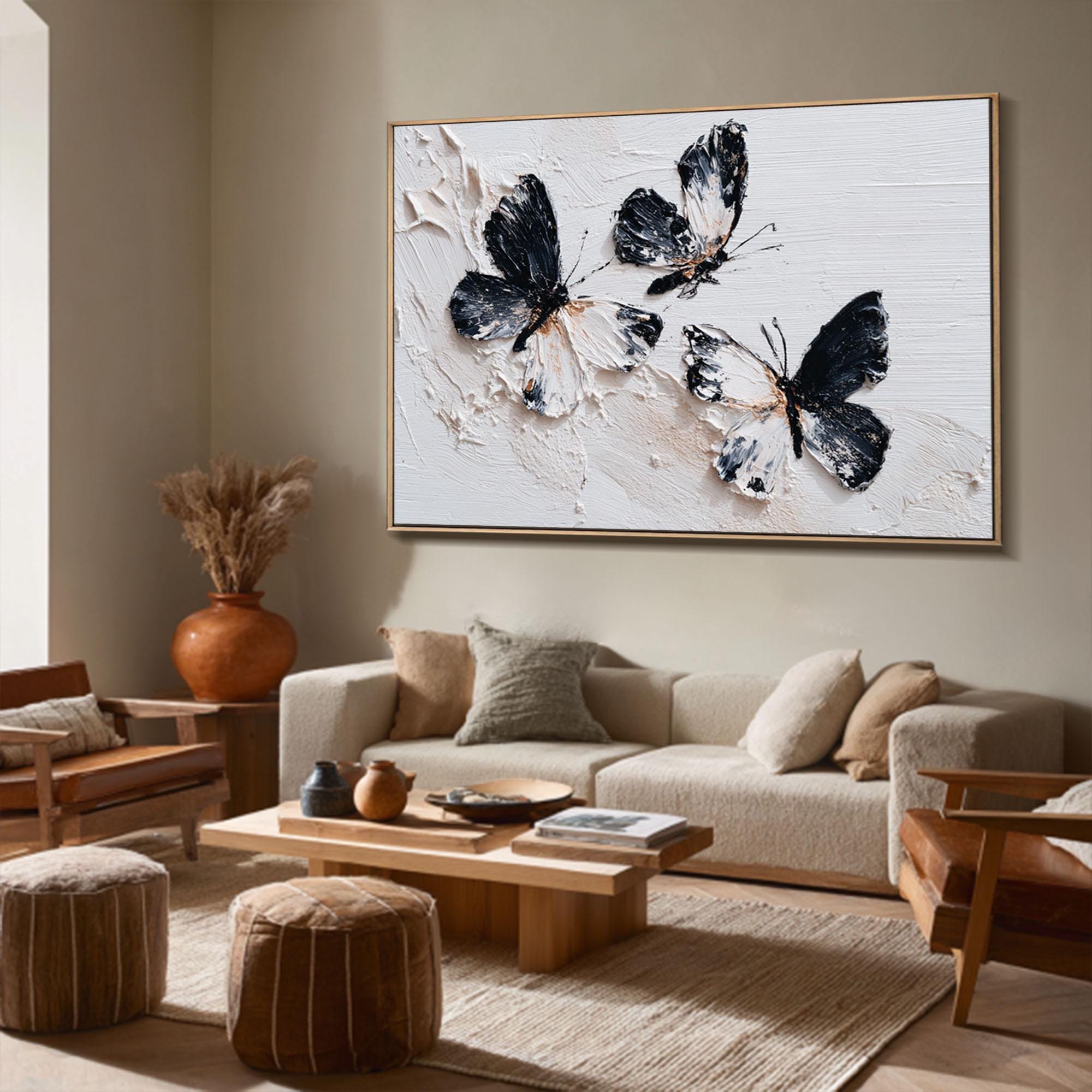 Flutter Trio — Black and White Textured Butterfly Oil Painting, Minimalist Modern Wall Art