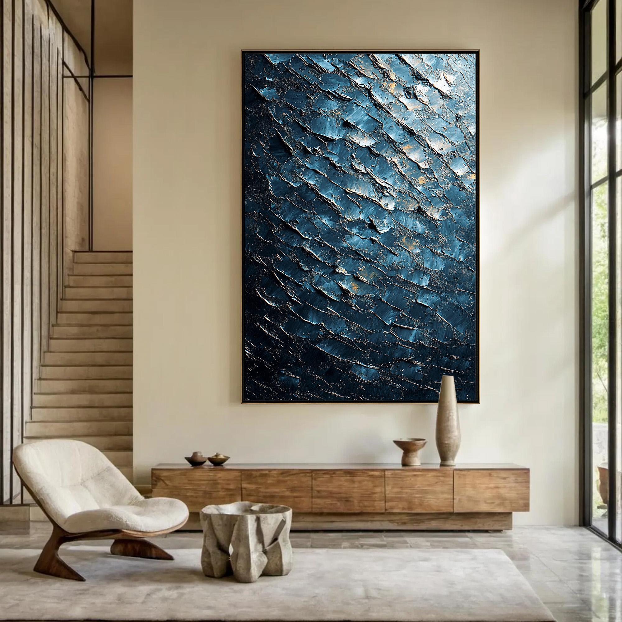 Midnight Tide – Textured Blue and Gold Abstract Oil Painting