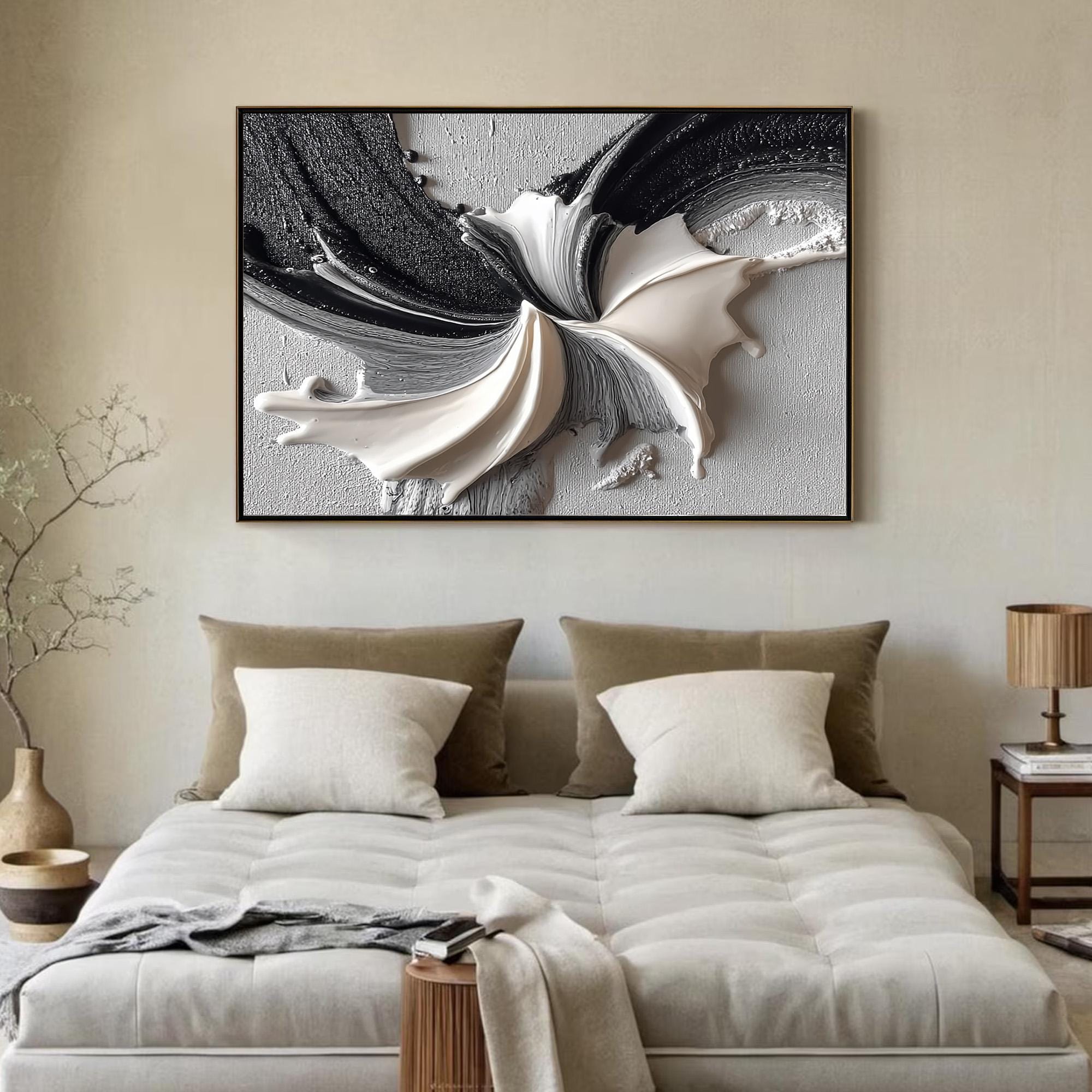 Ethereal Bloom – Black and White Textured Abstract Oil Painting