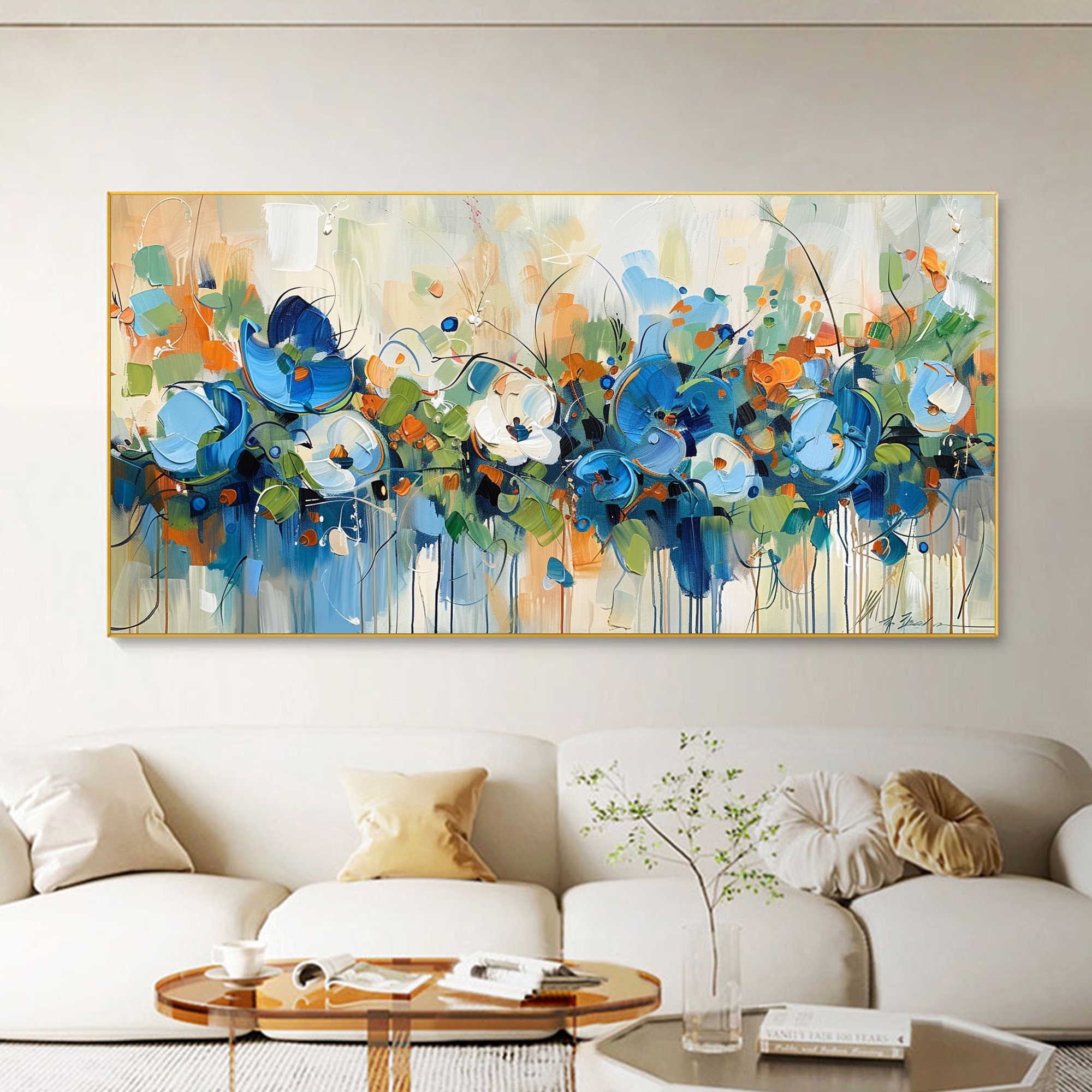 Blooming Riot - Colorful Abstract Floral Painting Blue Green Orange Wall Art on Canvas