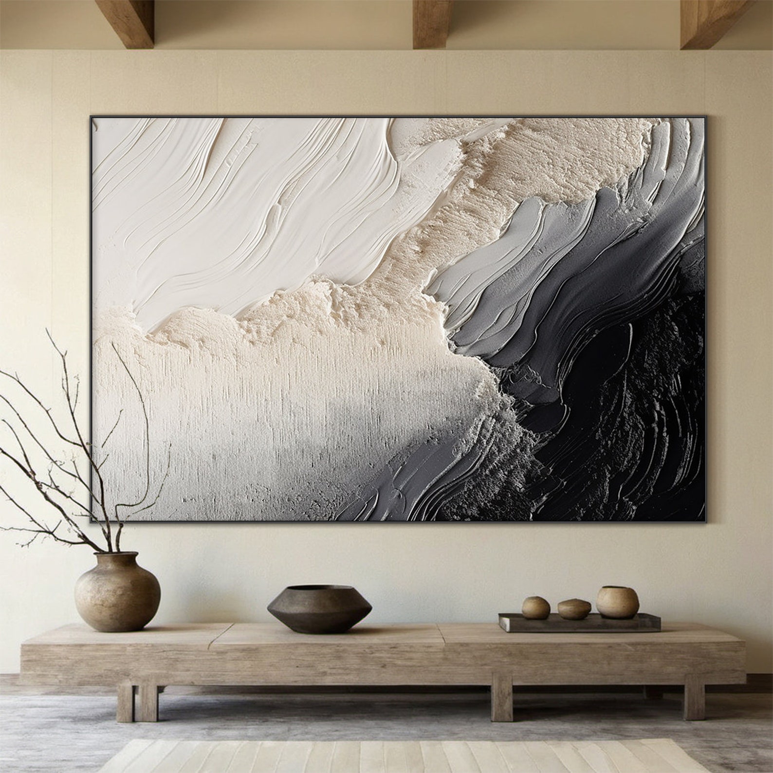 Echoes of Earth - Black and White Textured Painting Minimalist Vertical Wall Art