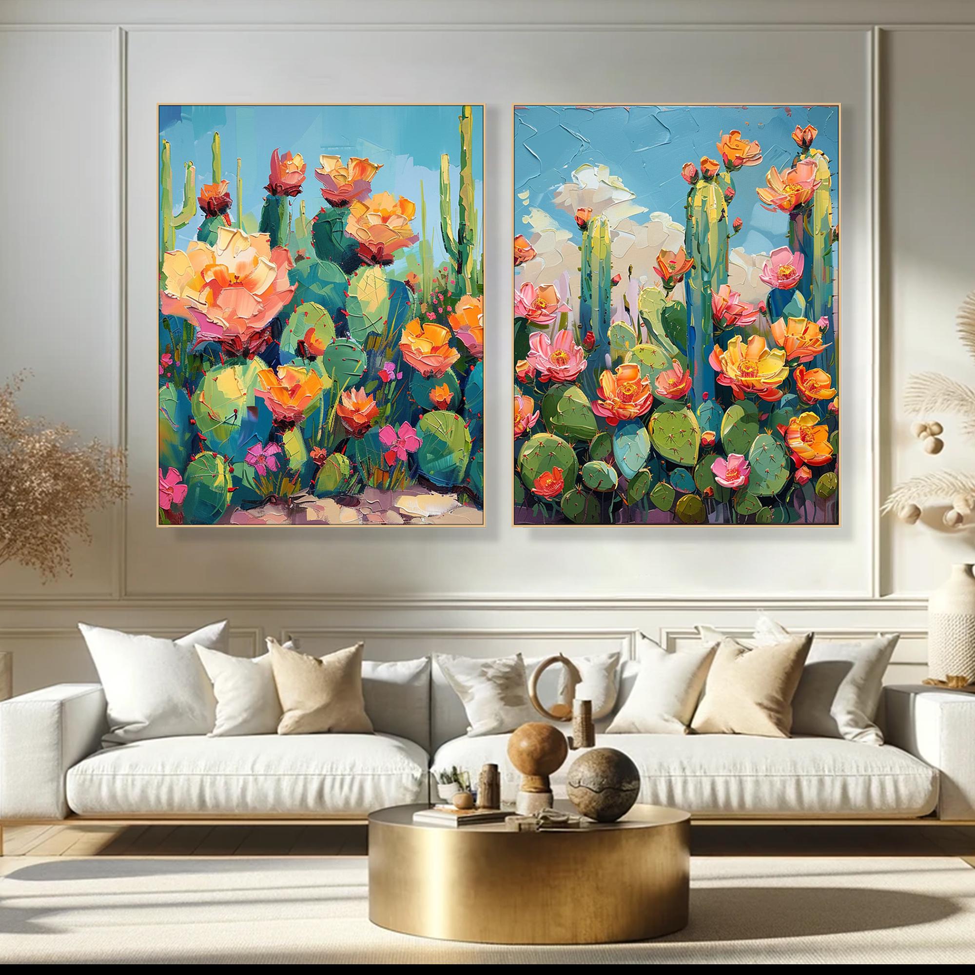 Desert Bloom – Cactus Flower Abstract Canvas Colorful Botanical Wall Art Set of 2