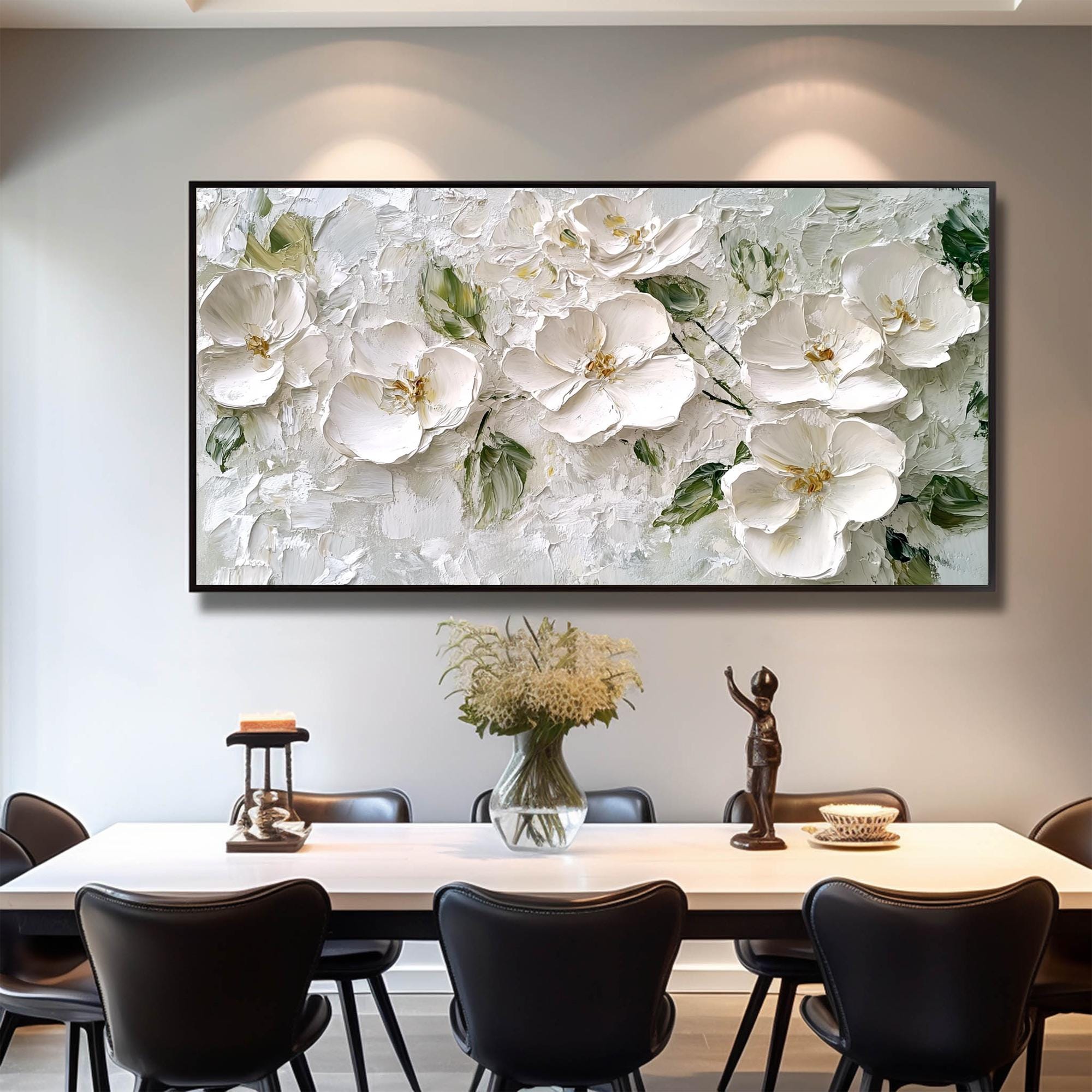 Textured White Floral Oil Painting - 3D Flower Wall Art for Dining Room