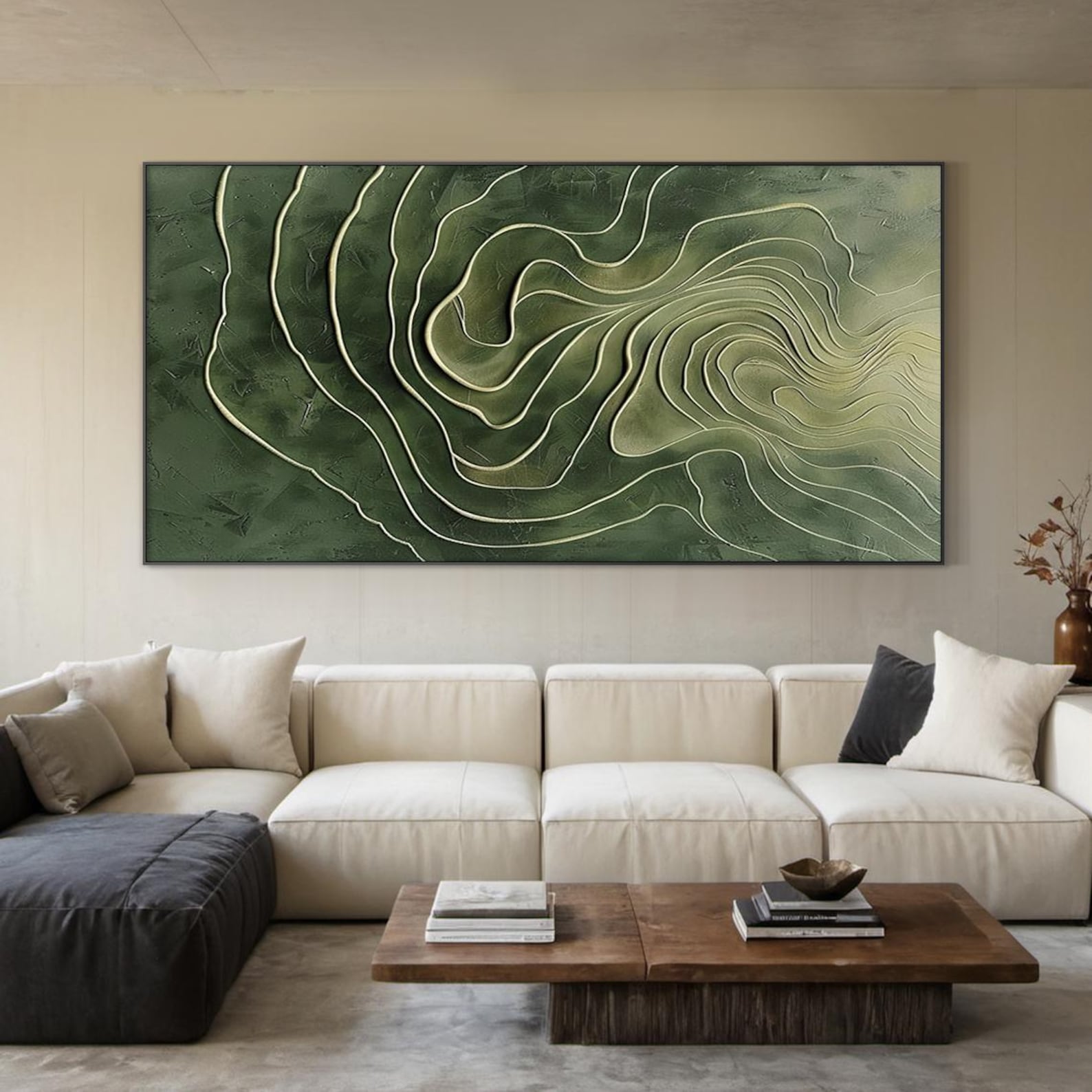 Terrace Flow - Large Green Textured Abstract Wall Art | Modern 3D Canvas for Living Room Decor