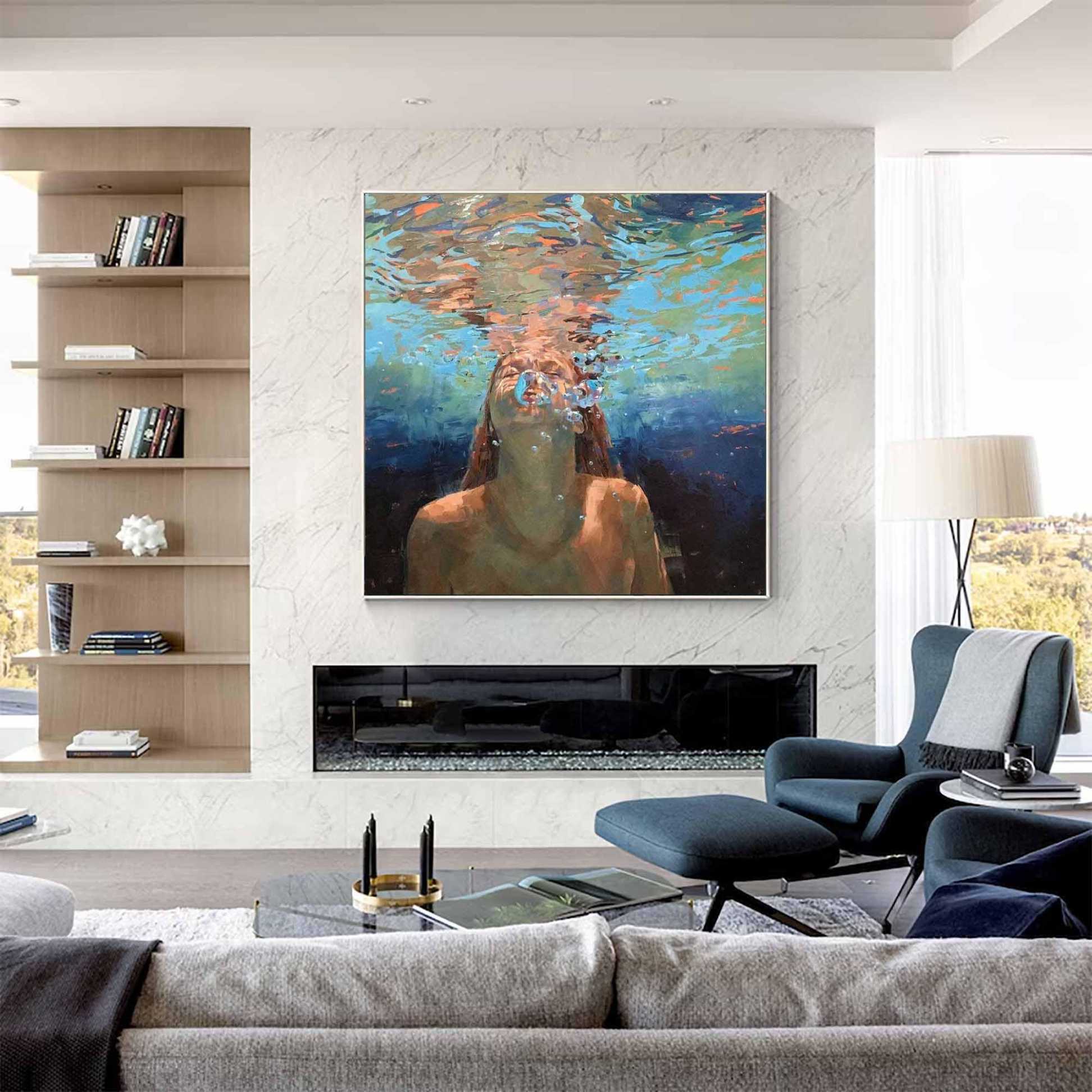 Beneath the Surface – Underwater Portrait Painting, Textured Canvas Wall Art