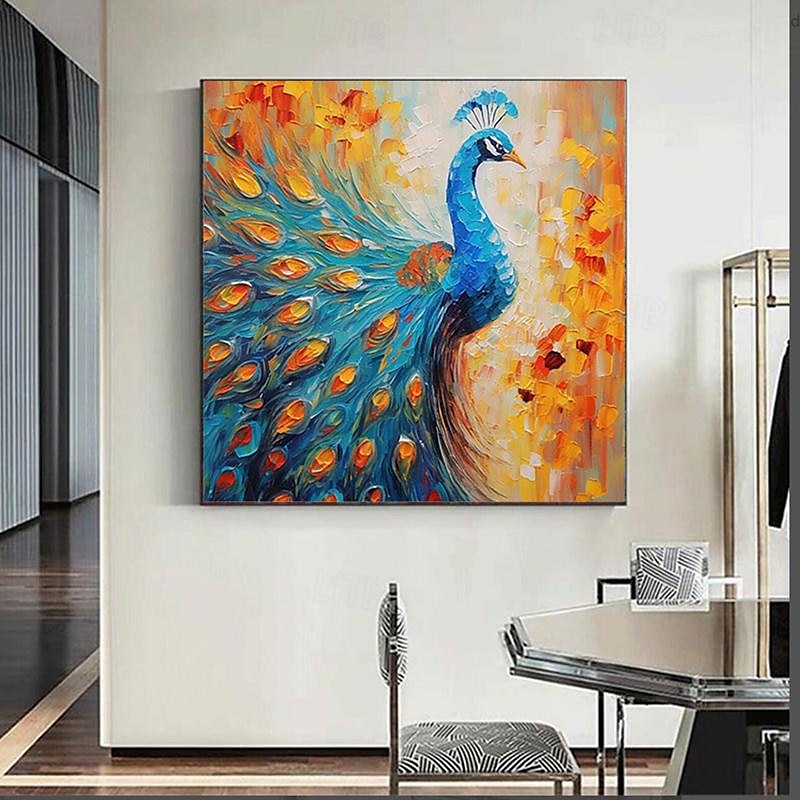 Golden Bloom – Large Textured Blue Peacock Canvas Wall Art