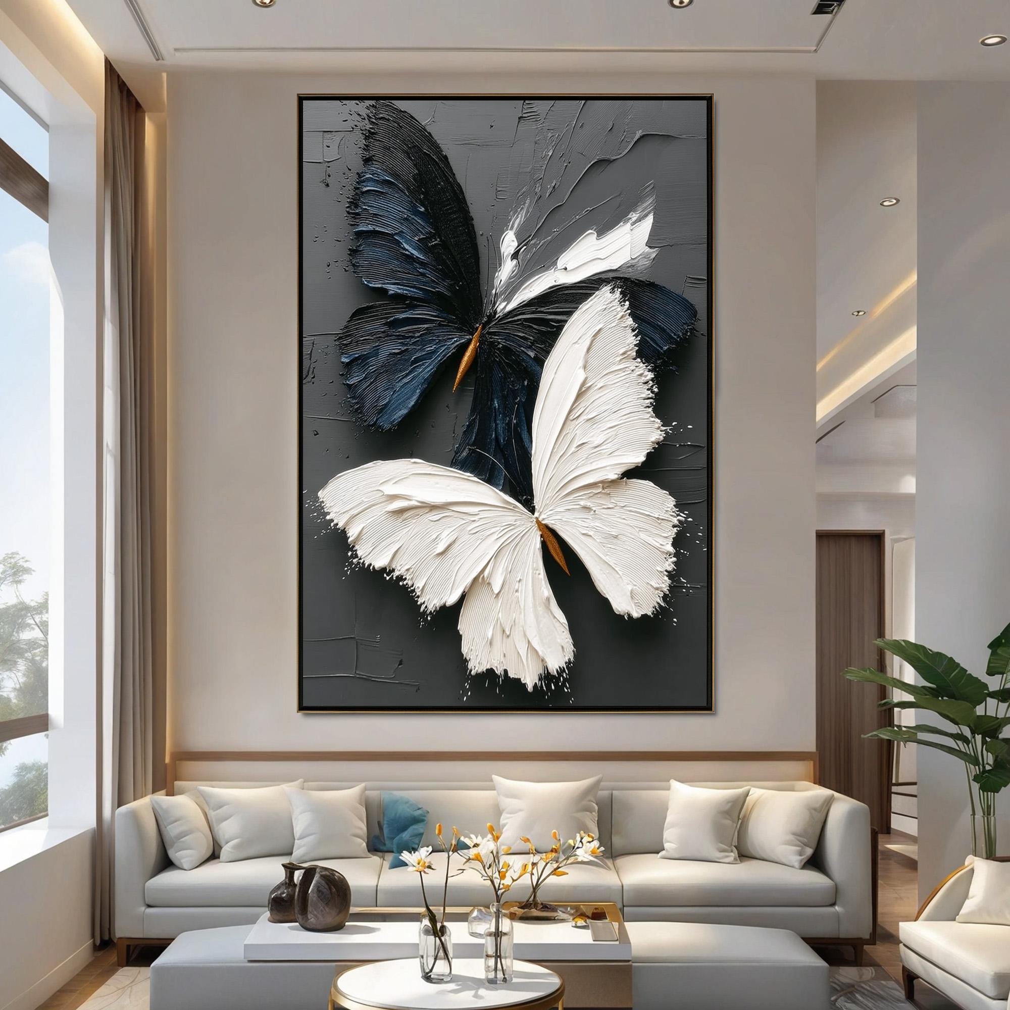 Dual Wings — Black and White Textured Butterfly Abstract Oil Painting, Modern Wall Art