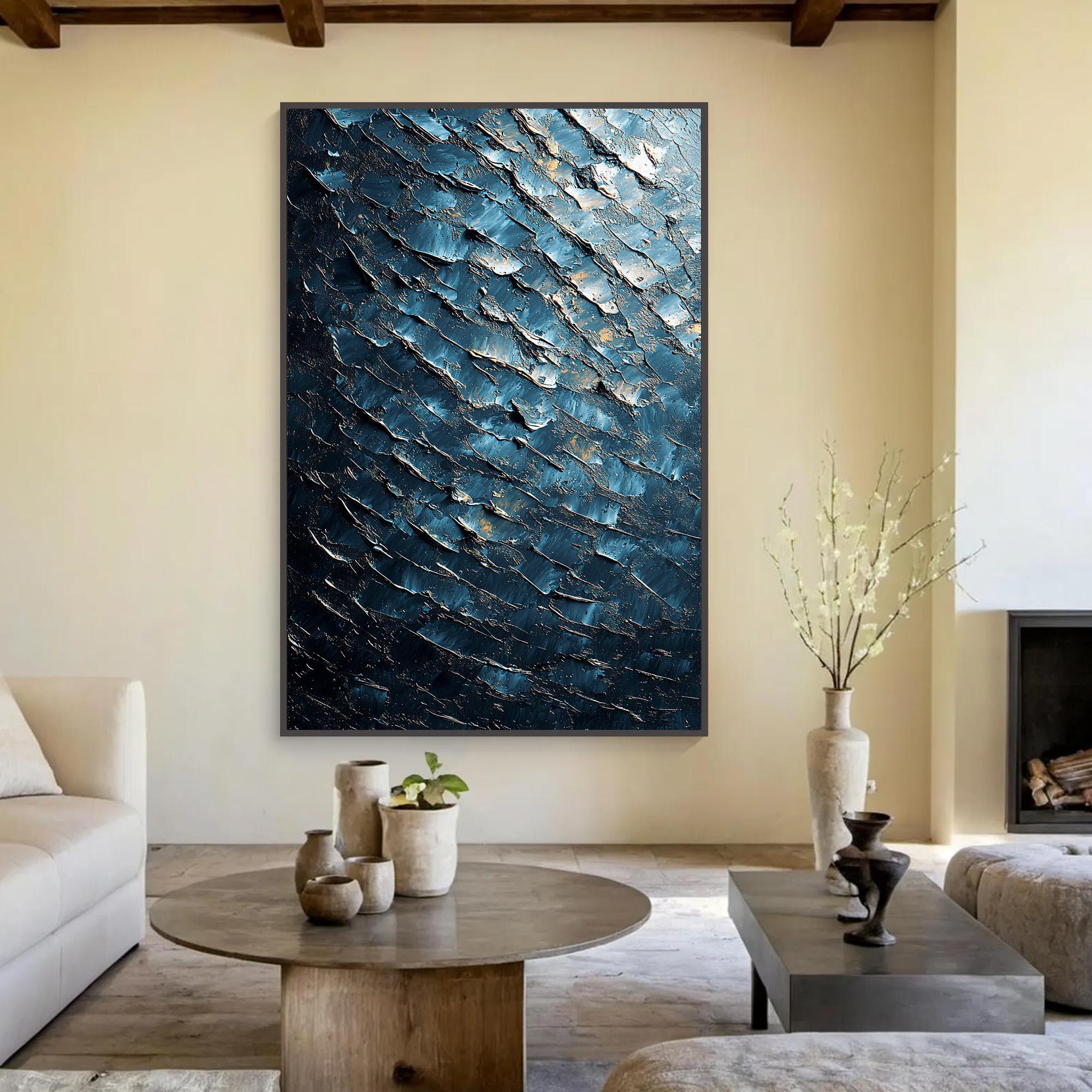 Midnight Tide – Textured Blue and Gold Abstract Oil Painting