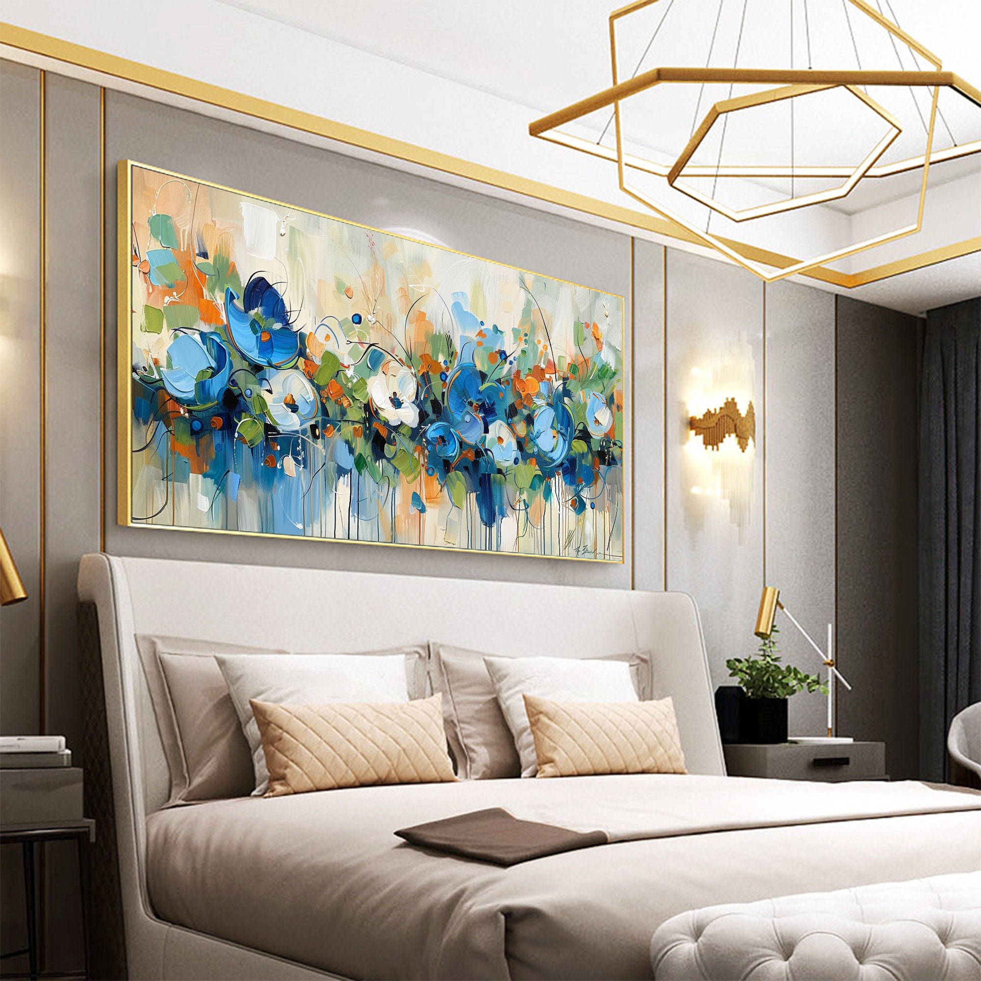 Blooming Riot - Colorful Abstract Floral Painting Blue Green Orange Wall Art on Canvas