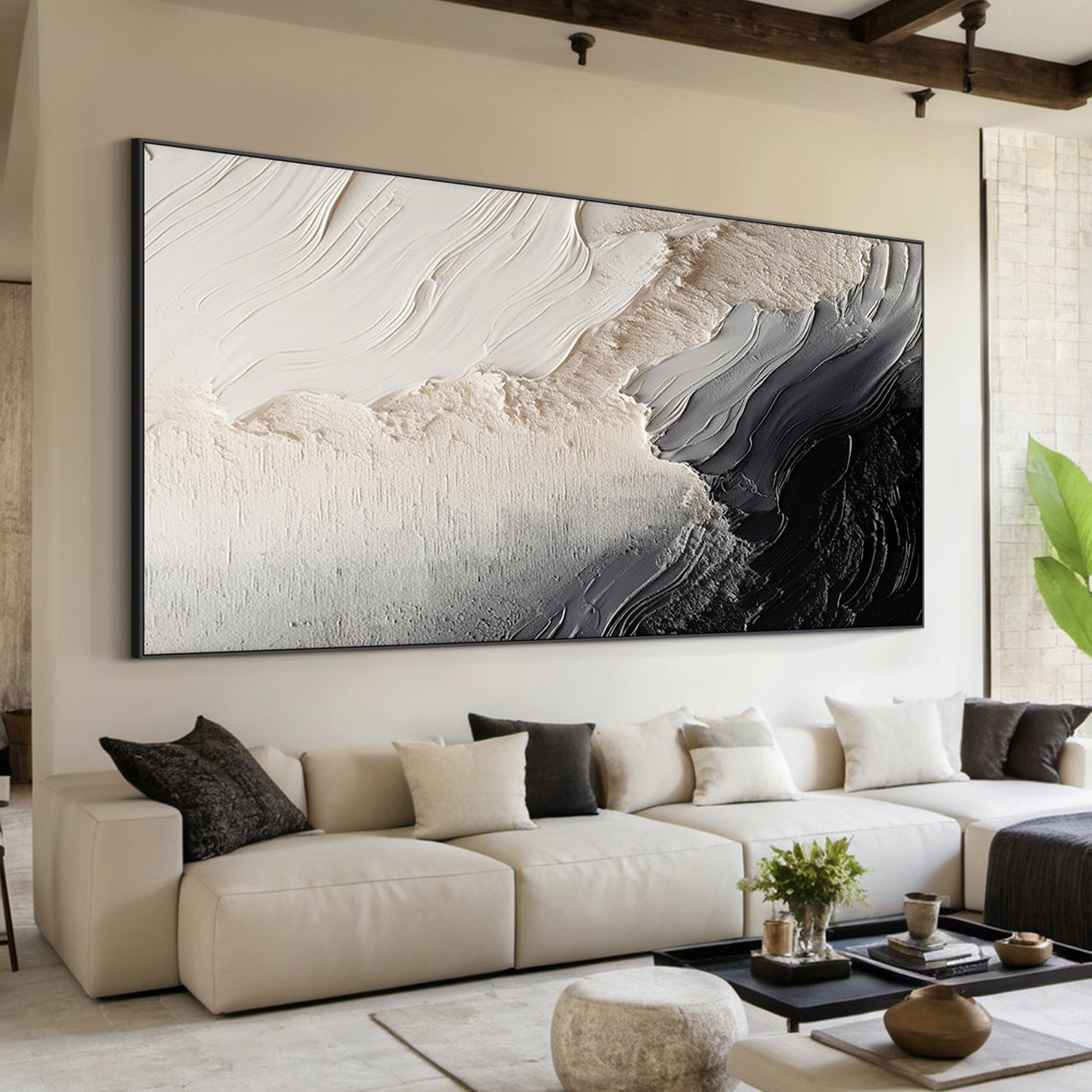 Echoes of Earth - Black and White Textured Painting Minimalist Vertical Wall Art
