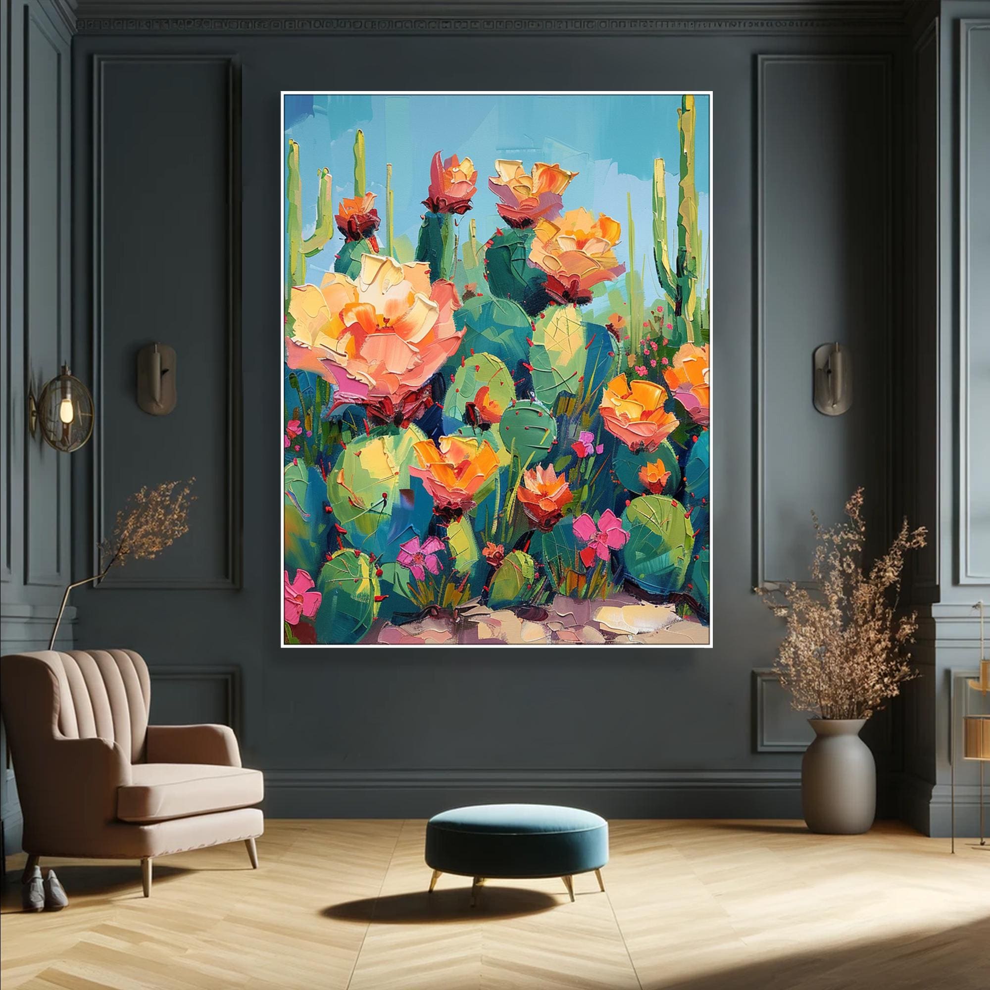 Desert Bloom – Cactus Flower Abstract Canvas Colorful Botanical Wall Art Set of 2