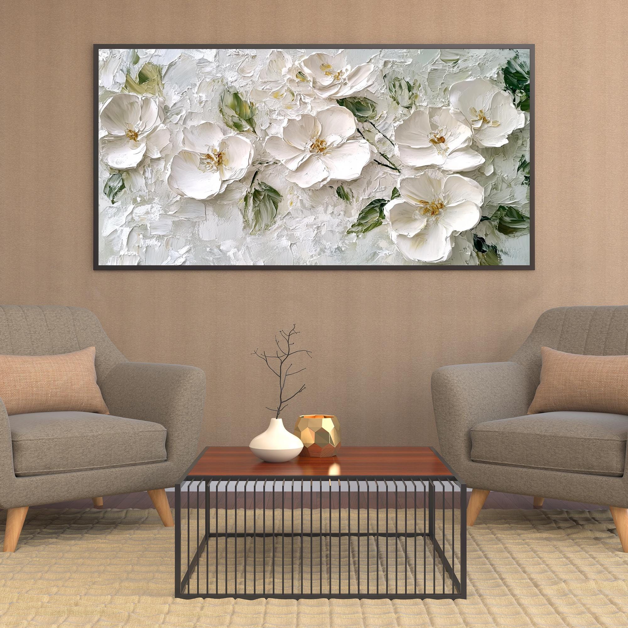 Textured White Floral Oil Painting - 3D Flower Wall Art for Dining Room