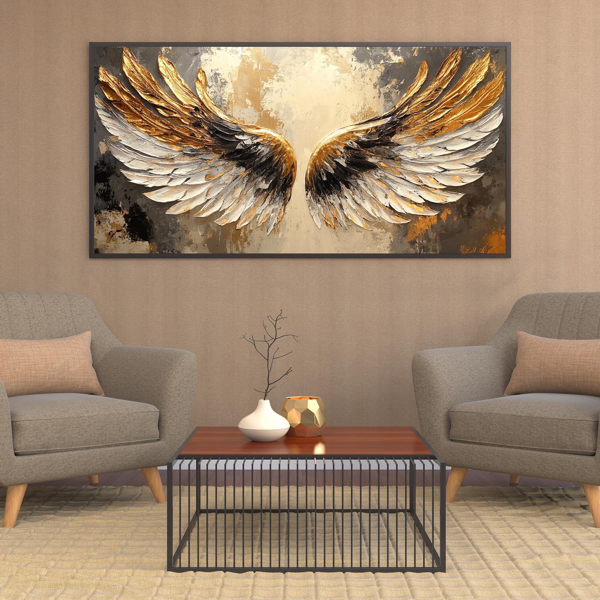 Eternal Wings – Large Textured Gold and White Angel Wing Canvas Wall Art