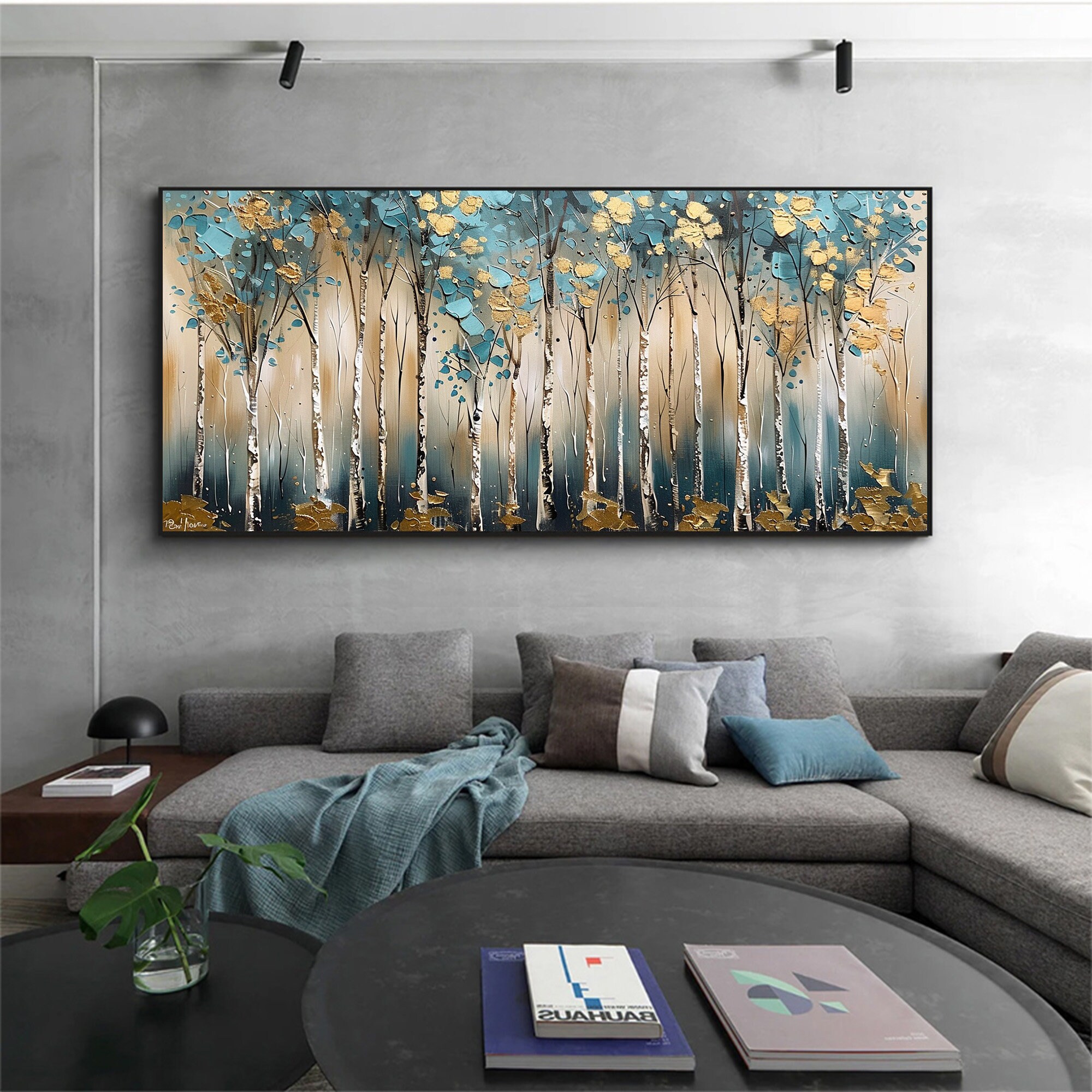 Golden Forest – 3D Textured Tree Wall Art in Teal and Gold Tones for Modern Living Room Décor